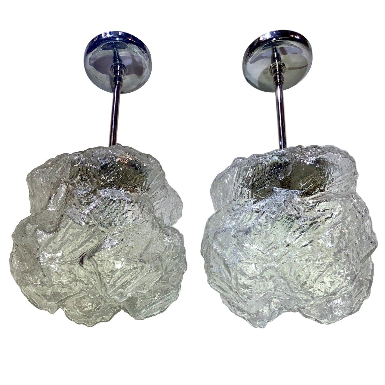 Pair of Midcentury Ice Glass Pendants, Sold Individually