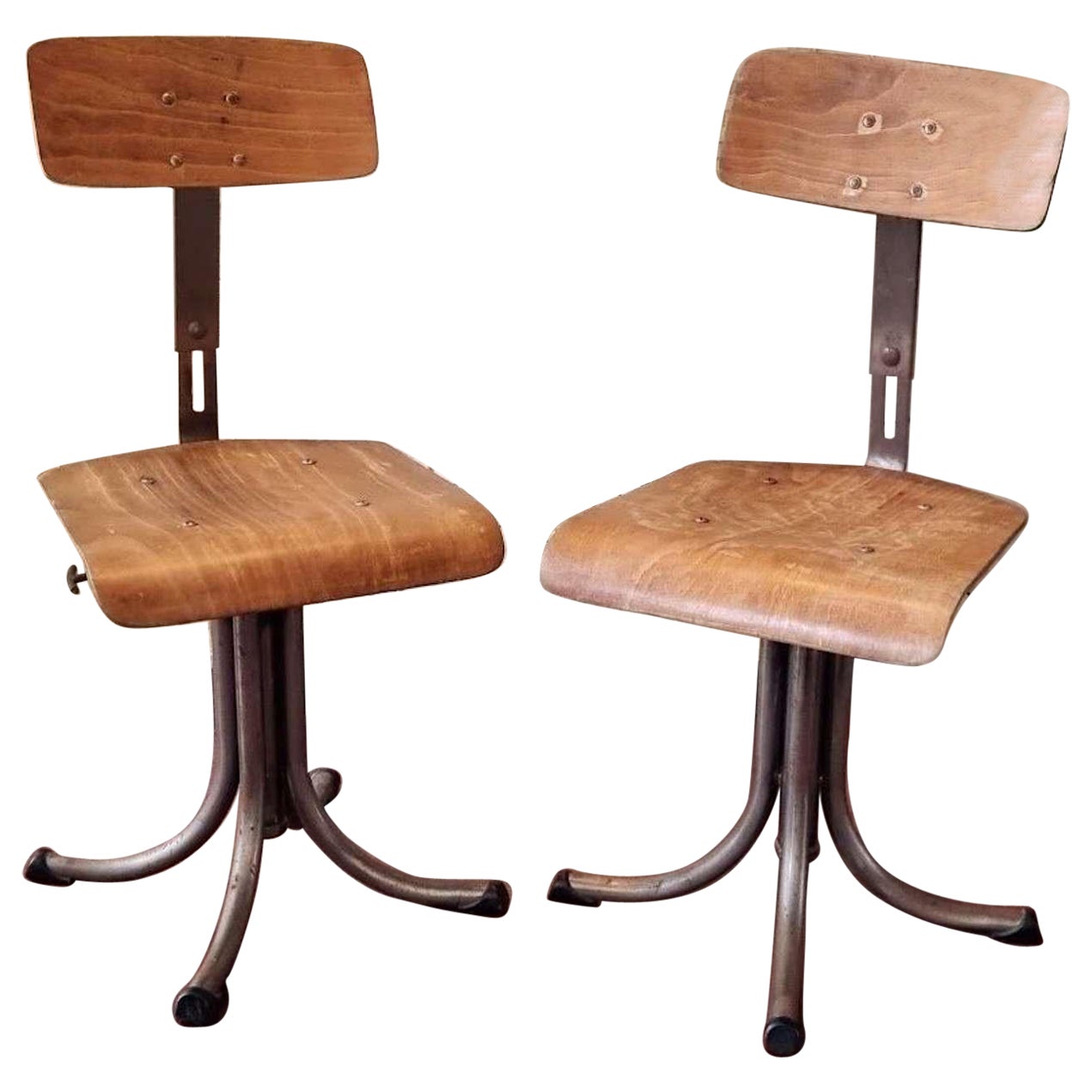 Pair of Midcentury Industrial Height Adjustable Factory Stools