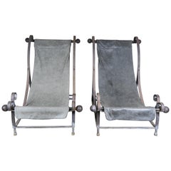 Pair of Midcentury Industrial Sling Style Lounge Chairs with Leather Seats