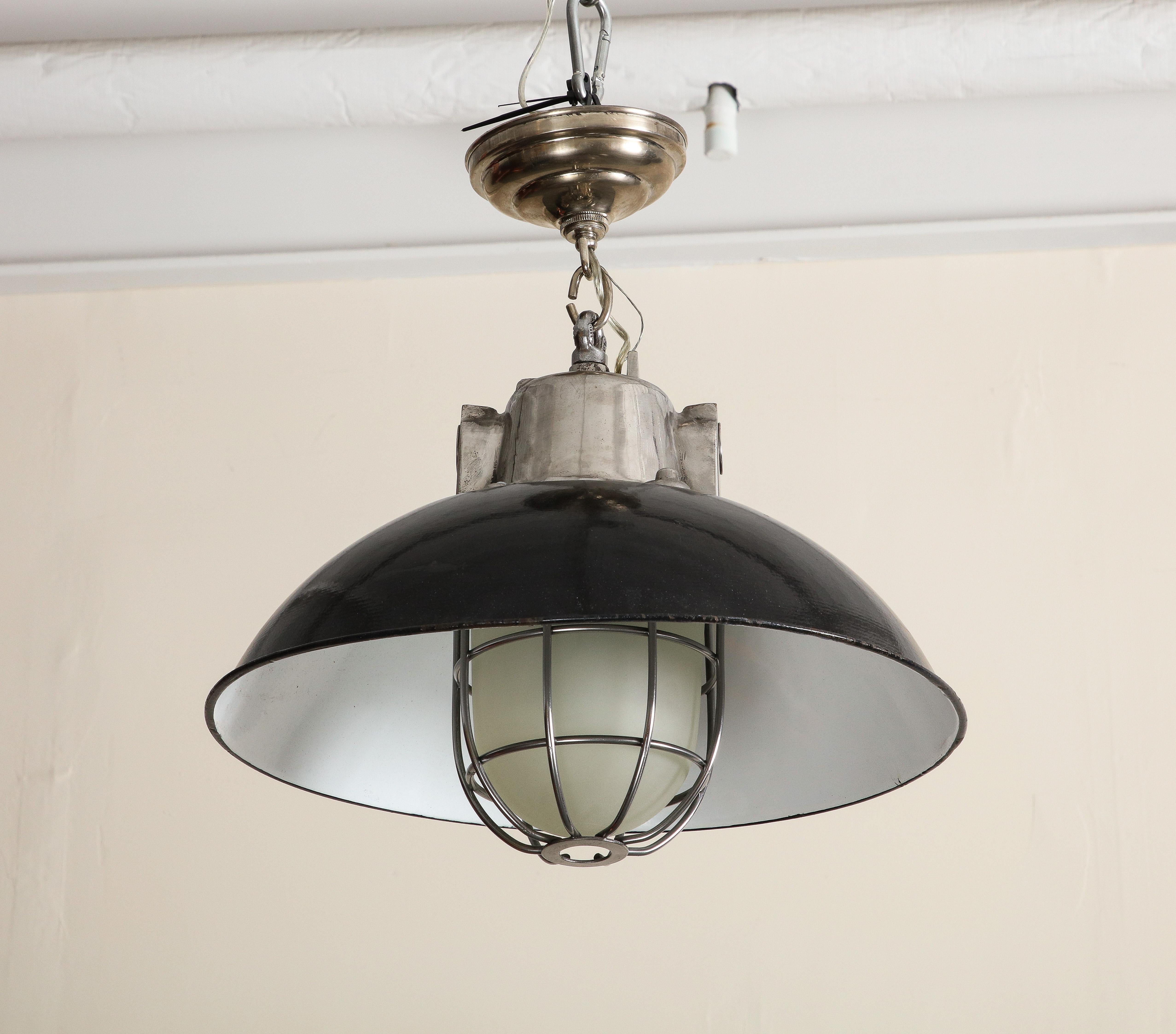 Pair of Midcentury Industrial Style Cage Pendant Lights with Black Enamel Shade For Sale 2
