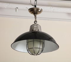 Pair of Midcentury Industrial Style Cage Pendant Lights with Black Enamel Shade