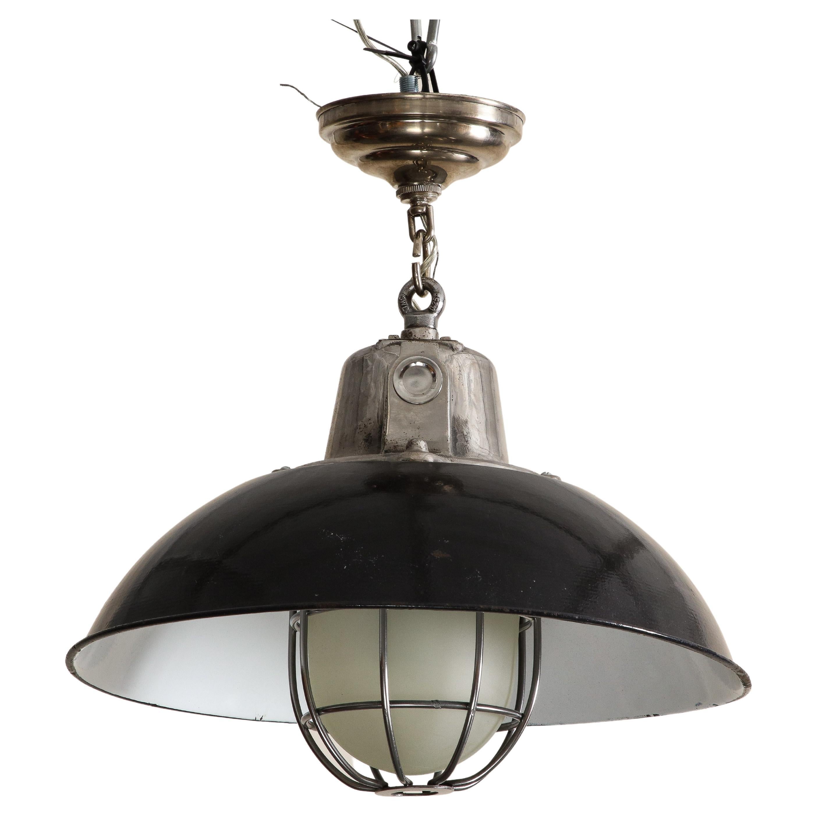 Pair of Midcentury Industrial Style Cage Pendant Lights with Black Enamel Shade For Sale