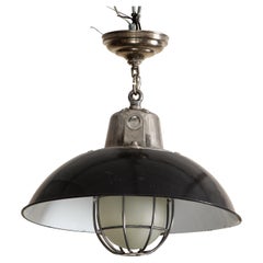 Retro Pair of Midcentury Industrial Style Cage Pendant Lights with Black Enamel Shade