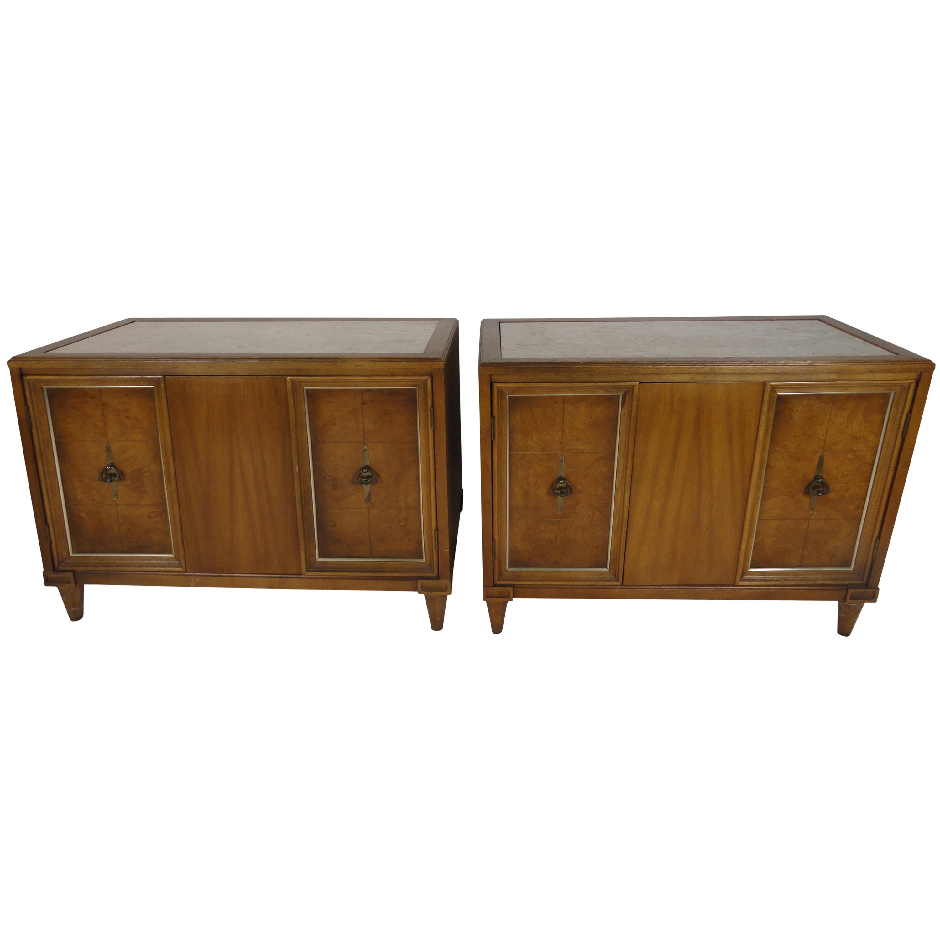 Pair of Midcentury Inlaid Marble and Fruitwood Tables For Sale