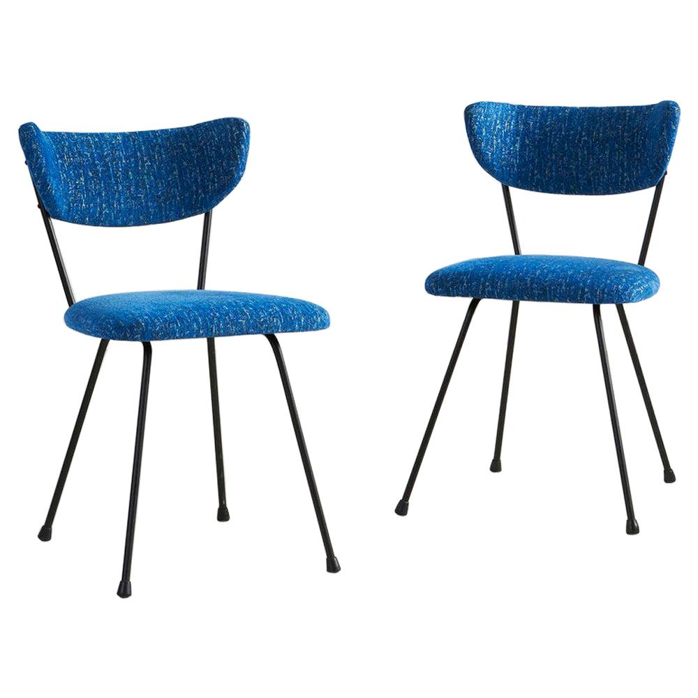 Pair of Midcentury Iron Chairs with Blue Upholstery