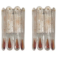 Vintage Pair of Midcentury Italian Amber Murano Glass Wall Lamps by Mazzega, 1970s