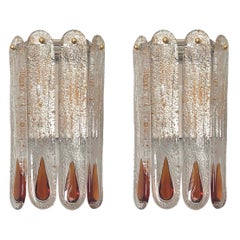 Vintage Pair of Midcentury Italian Amber Murano Wall Lamps by Mazzega, 1970s