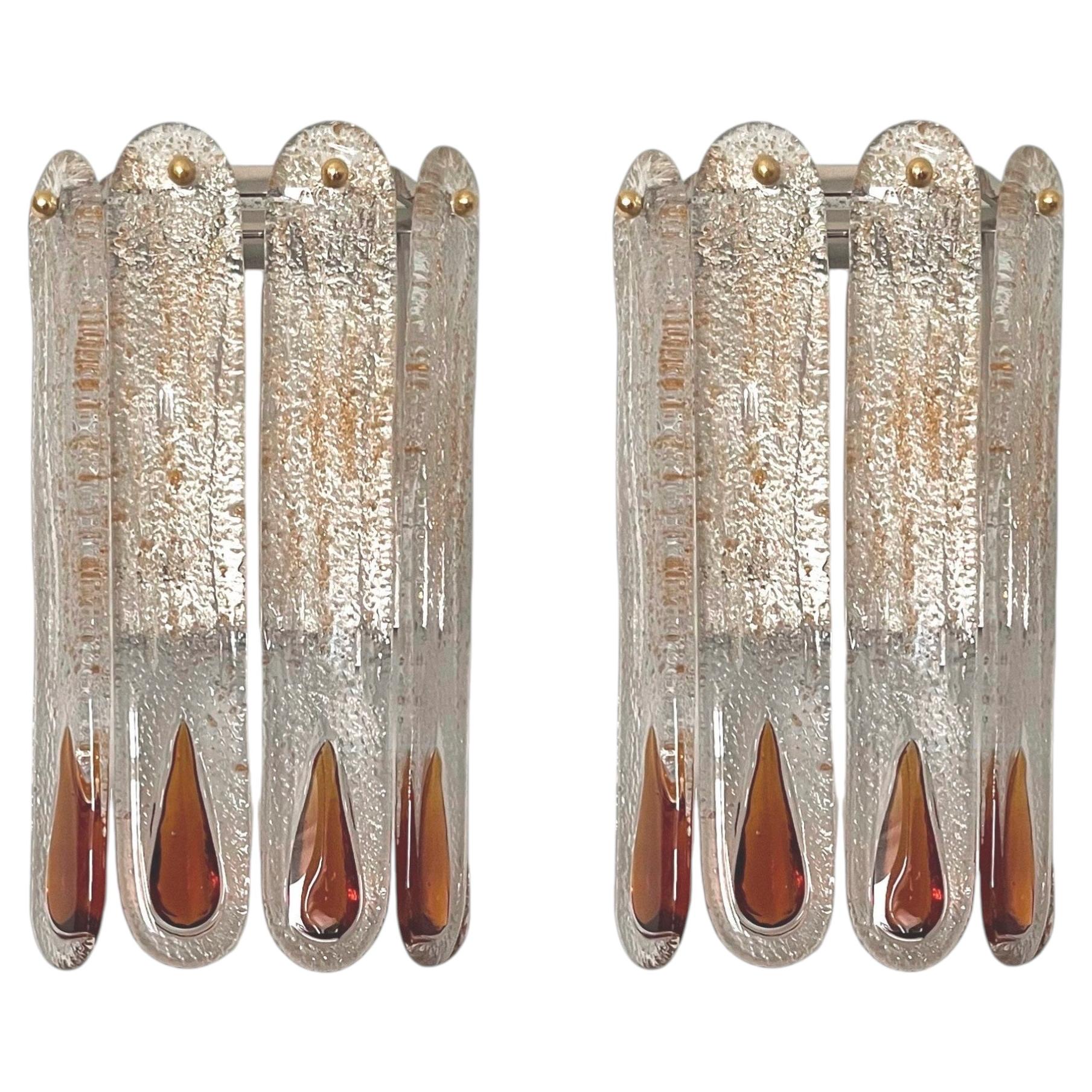 Pair of Midcentury Italian Amber Murano Wall Sconces by Mazzega, 1970s