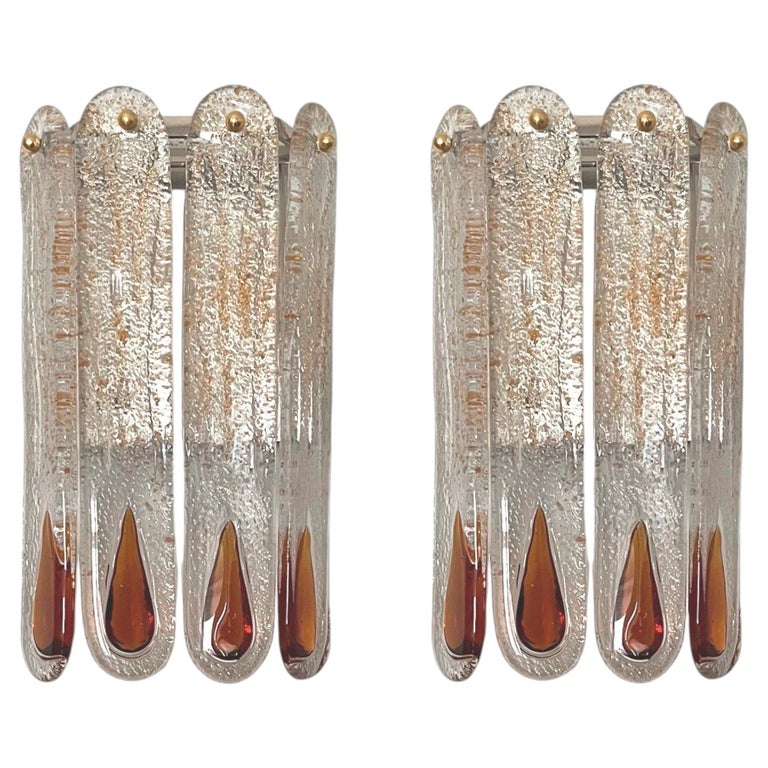 Pair of Midcentury Italian Amber Murano Wall Sconces by Mazzega, 1970s