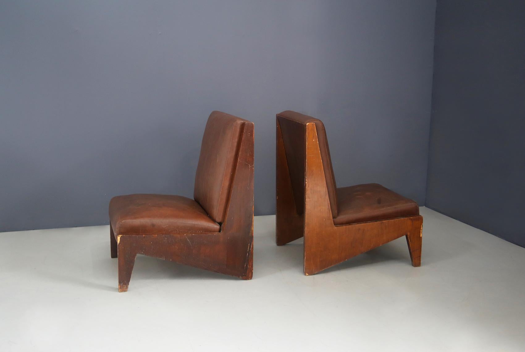 Animal Skin Pair of Midcentury Italian Armchairs Attributed to BBPR in Walnut and Leather