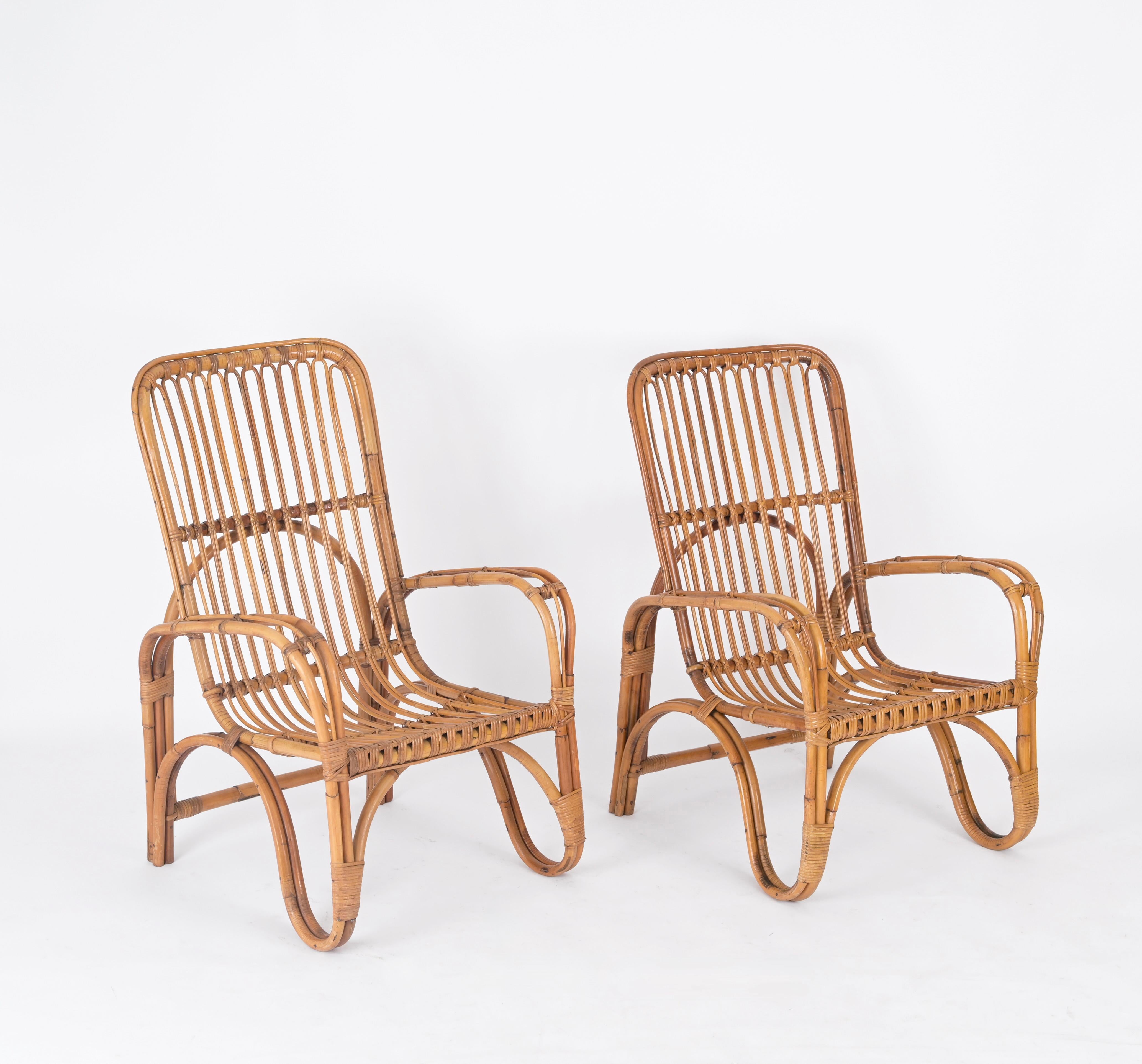 Pair of Midcentury Italian Armchairs in Rattan and Wicker, Tito Agnoli, 1960s For Sale 3