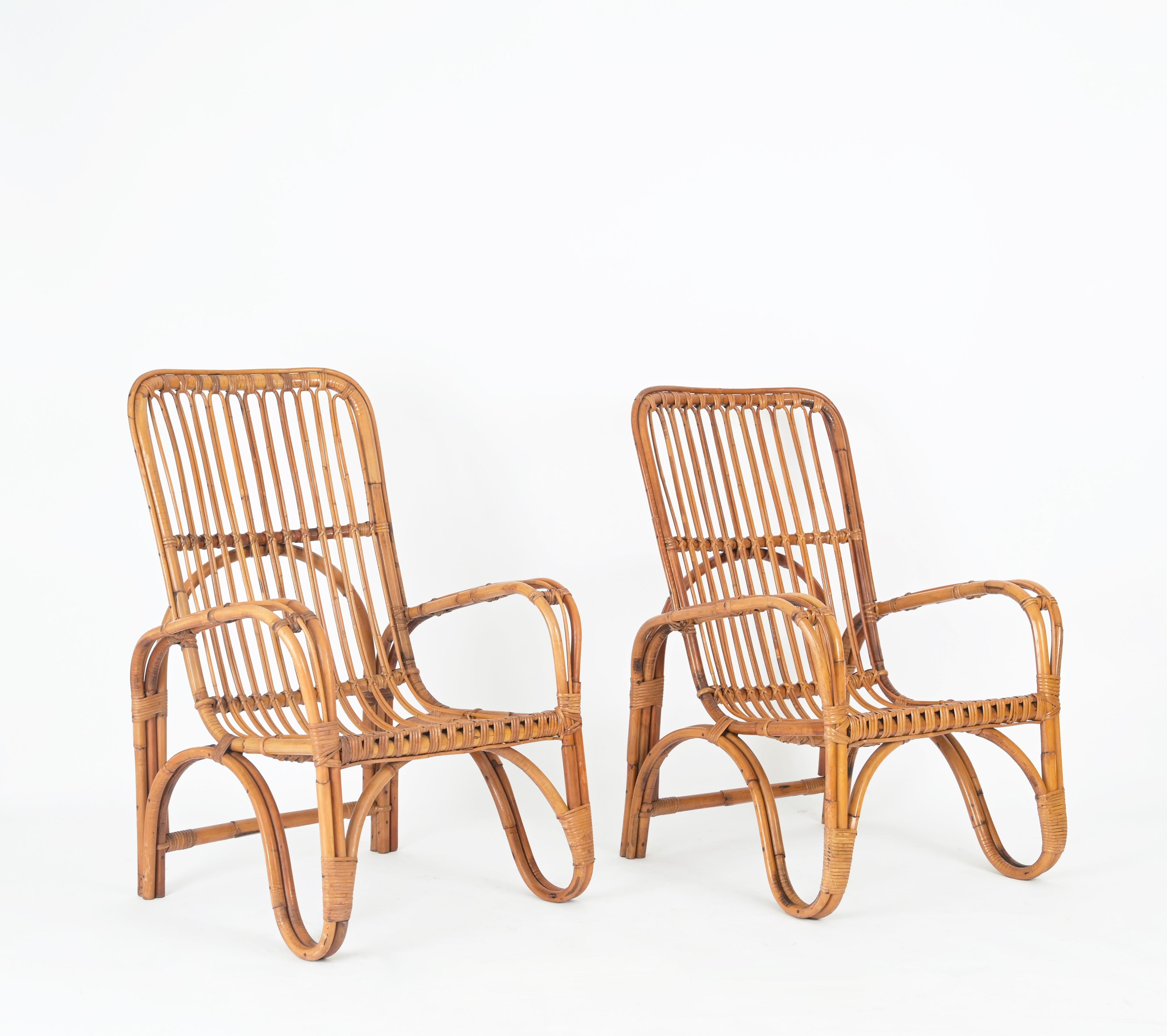 Pair of Midcentury Italian Armchairs in Rattan and Wicker, Tito Agnoli, 1960s For Sale 4
