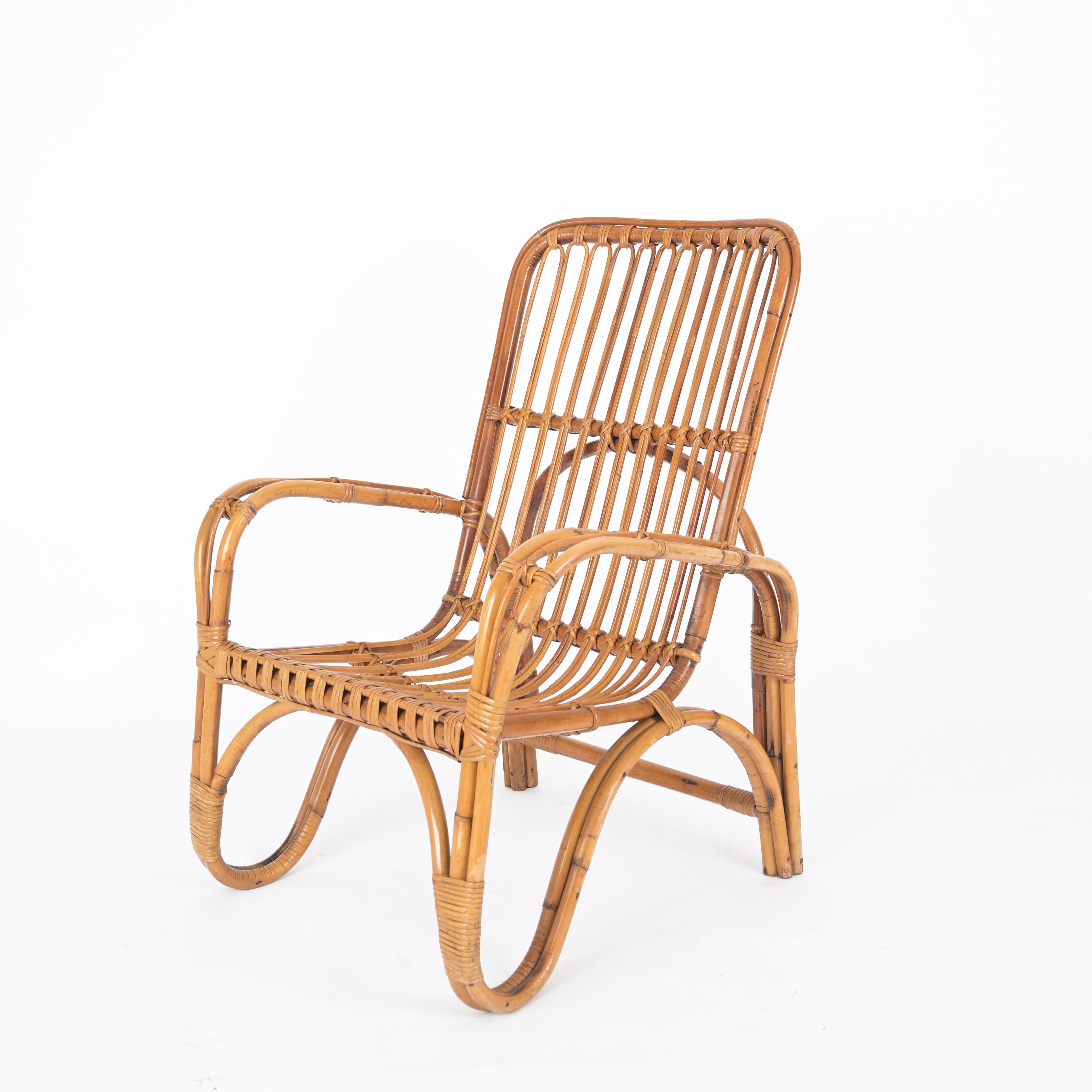 Mid-Century Modern Pair of Midcentury Italian Armchairs in Rattan and Wicker, Tito Agnoli, 1960s For Sale