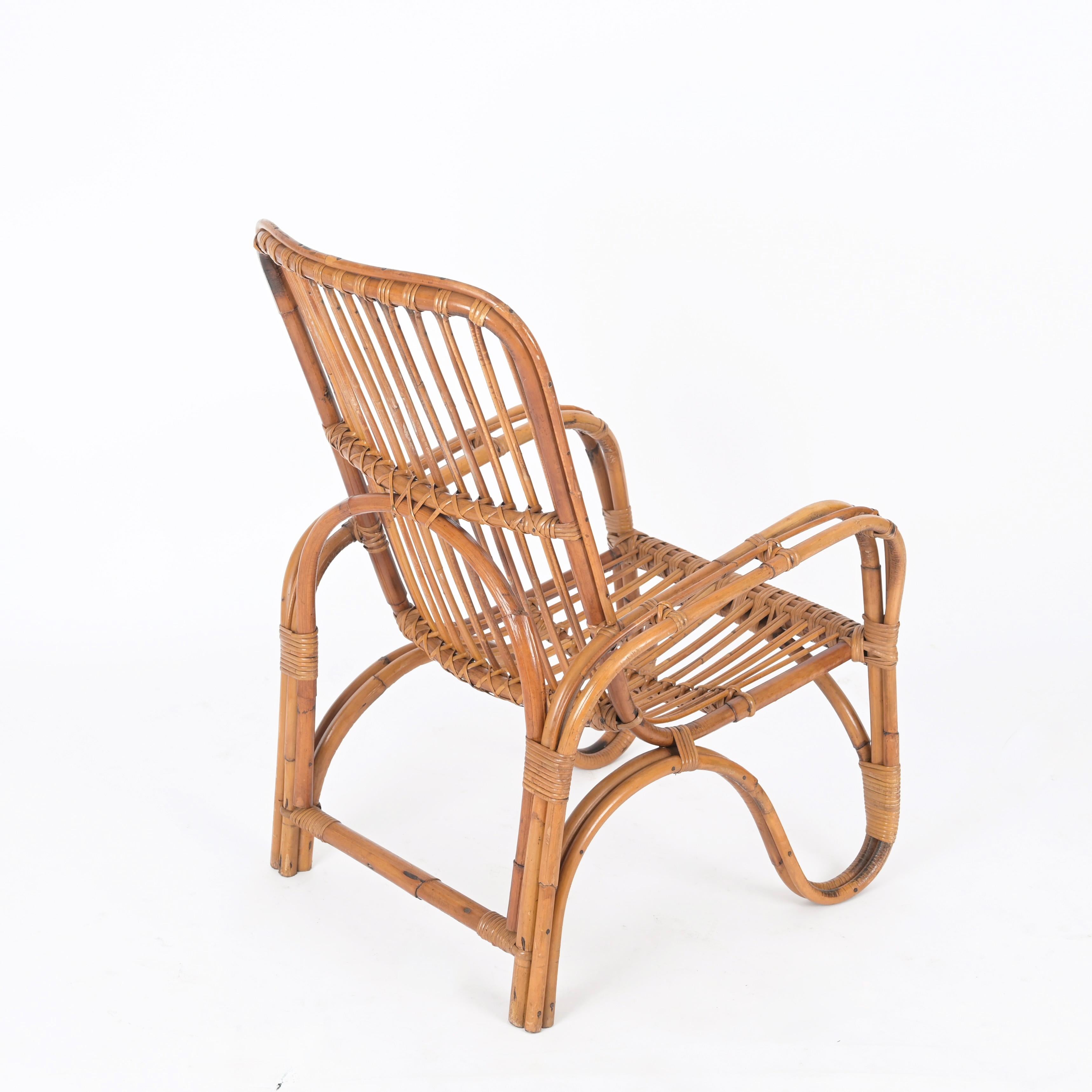 Mid-20th Century Pair of Midcentury Italian Armchairs in Rattan and Wicker, Tito Agnoli, 1960s For Sale