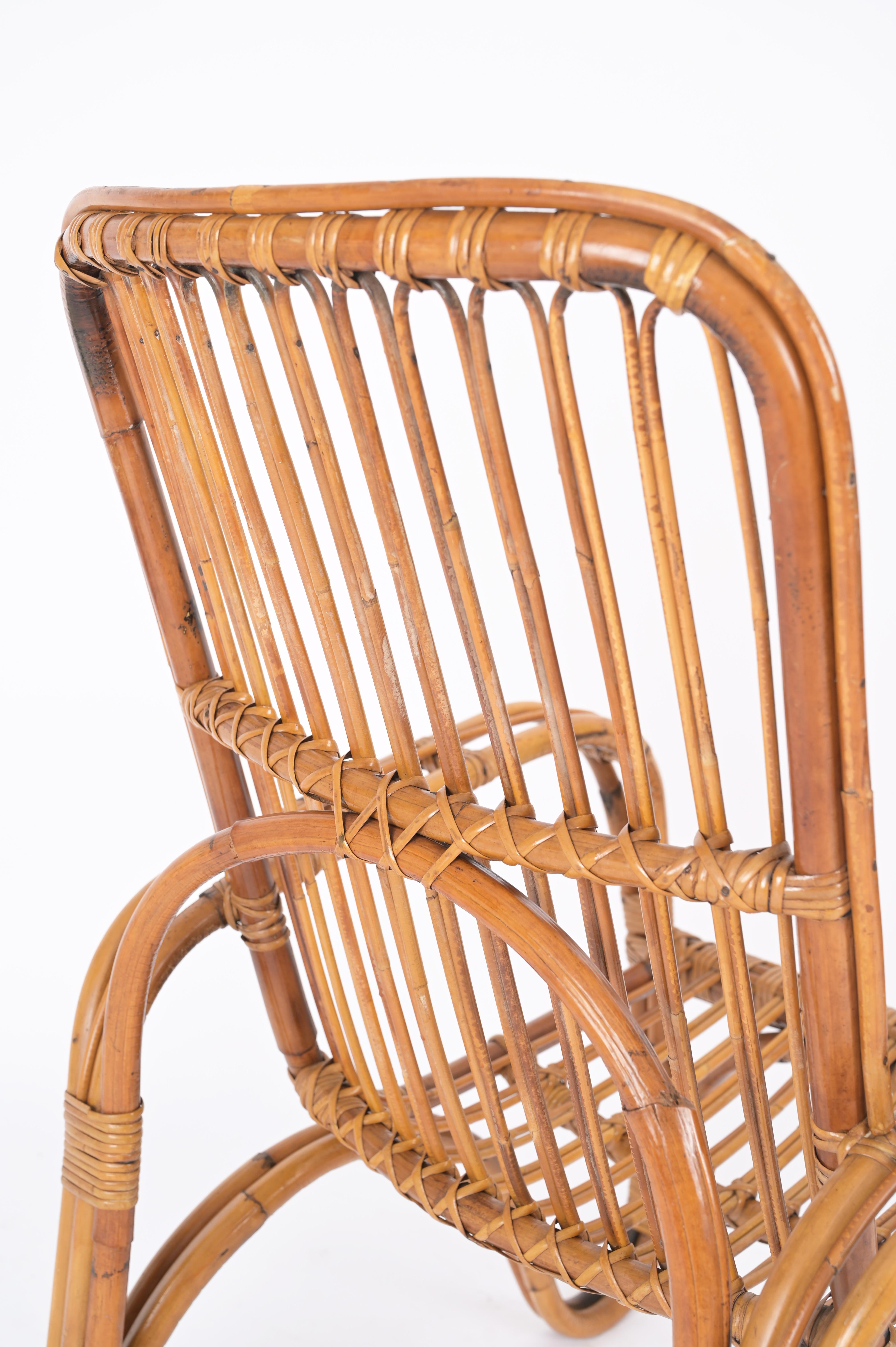Bamboo Pair of Midcentury Italian Armchairs in Rattan and Wicker, Tito Agnoli, 1960s For Sale