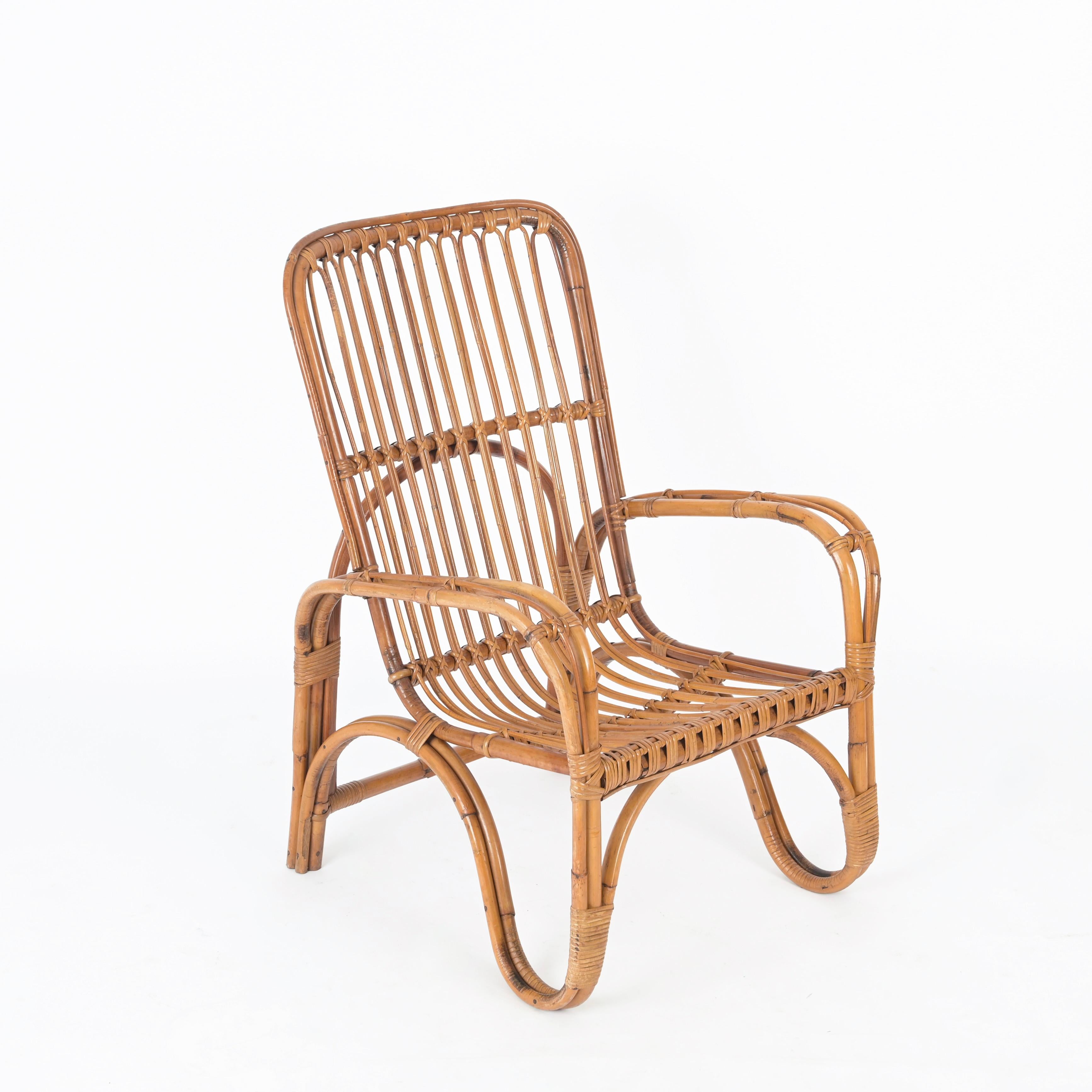 Pair of Midcentury Italian Armchairs in Rattan and Wicker, Tito Agnoli, 1960s For Sale 1
