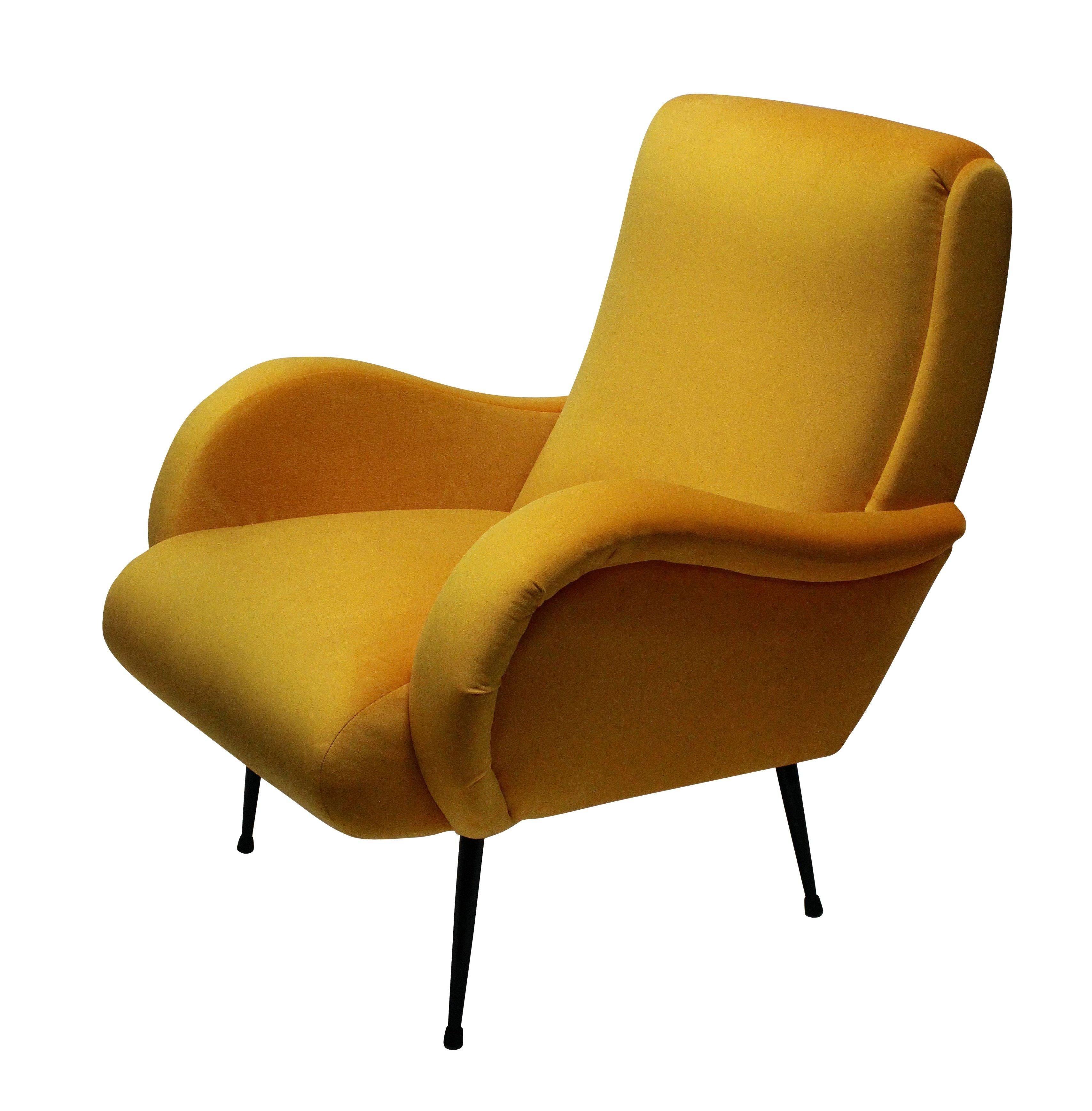 Mid-Century Modern Pair of Midcentury Italian Armchairs in Yellow Velvet