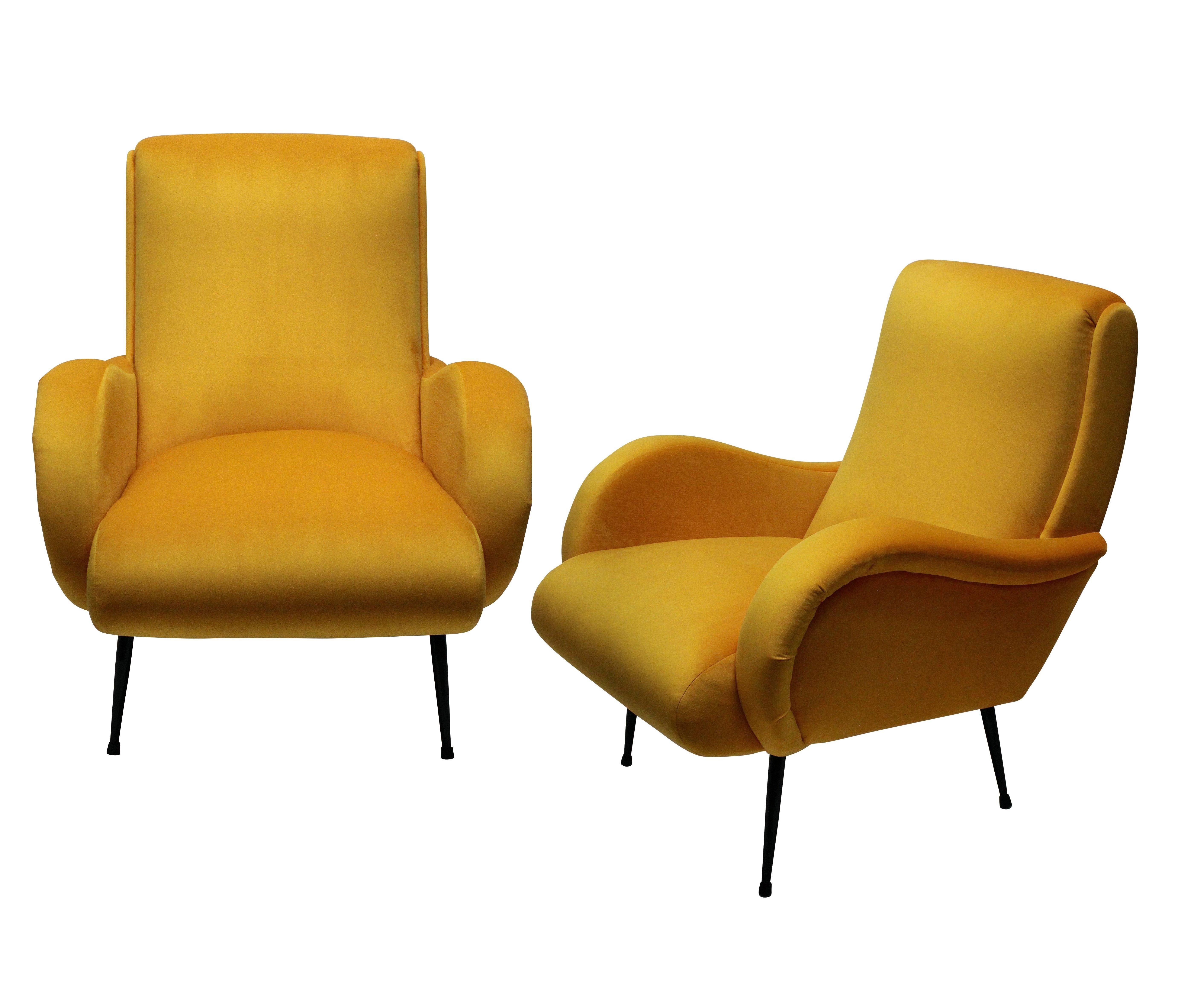 Mid-Century Modern Pair of Midcentury Italian Armchairs in Yellow Velvet