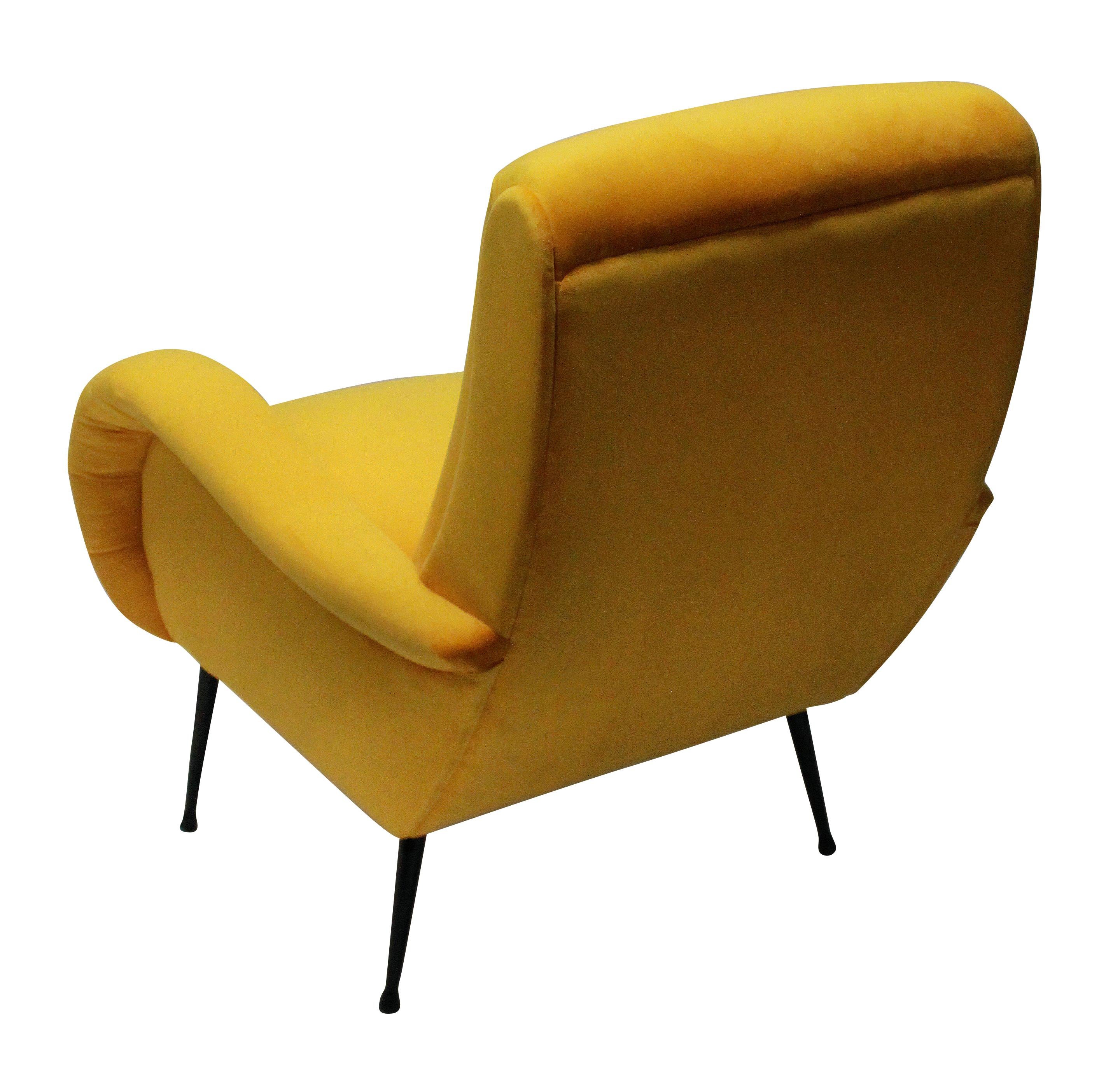 Beech Pair of Midcentury Italian Armchairs in Yellow Velvet