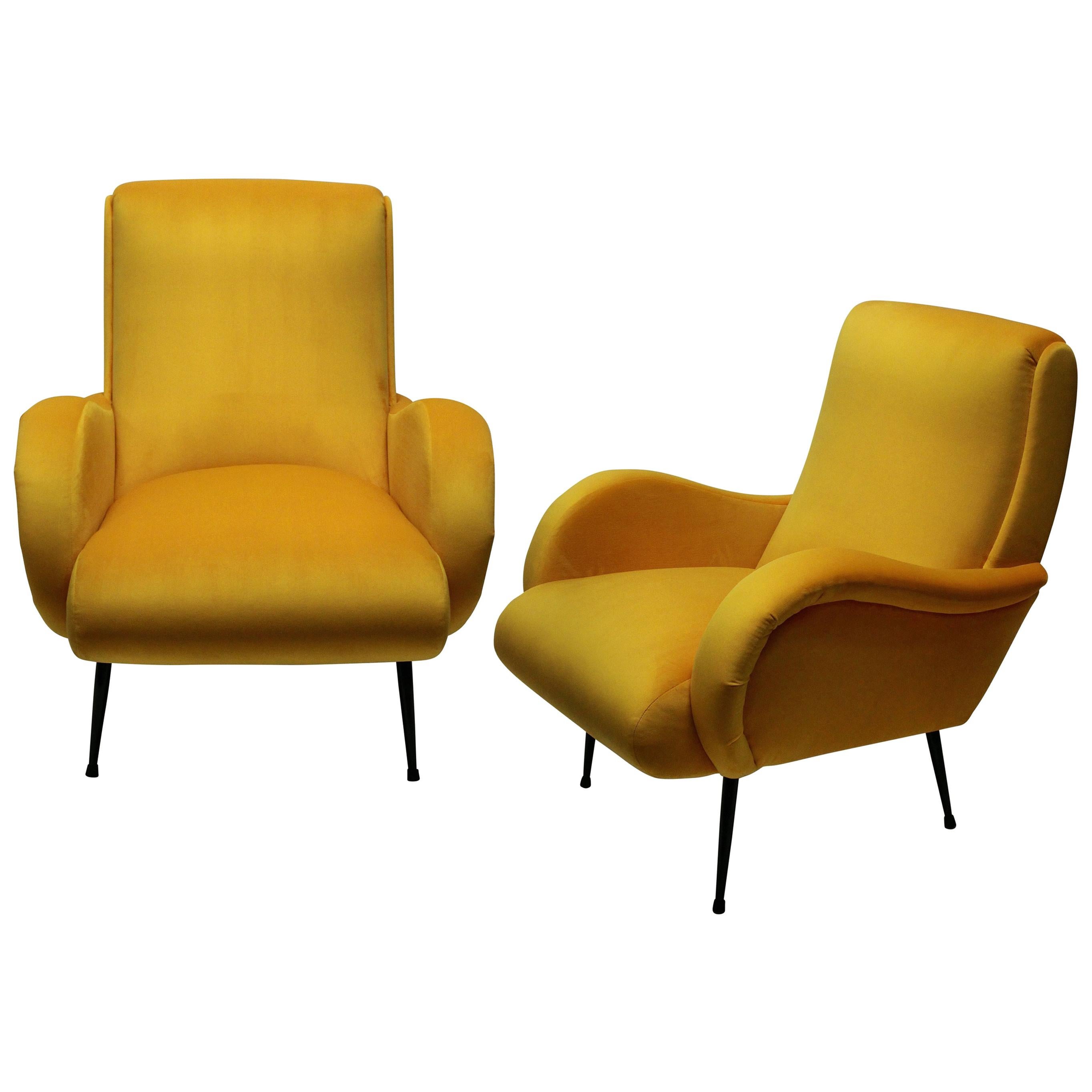 Pair of Midcentury Italian Armchairs in Yellow Velvet