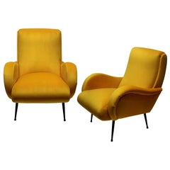 Pair of Midcentury Italian Armchairs in Yellow Velvet
