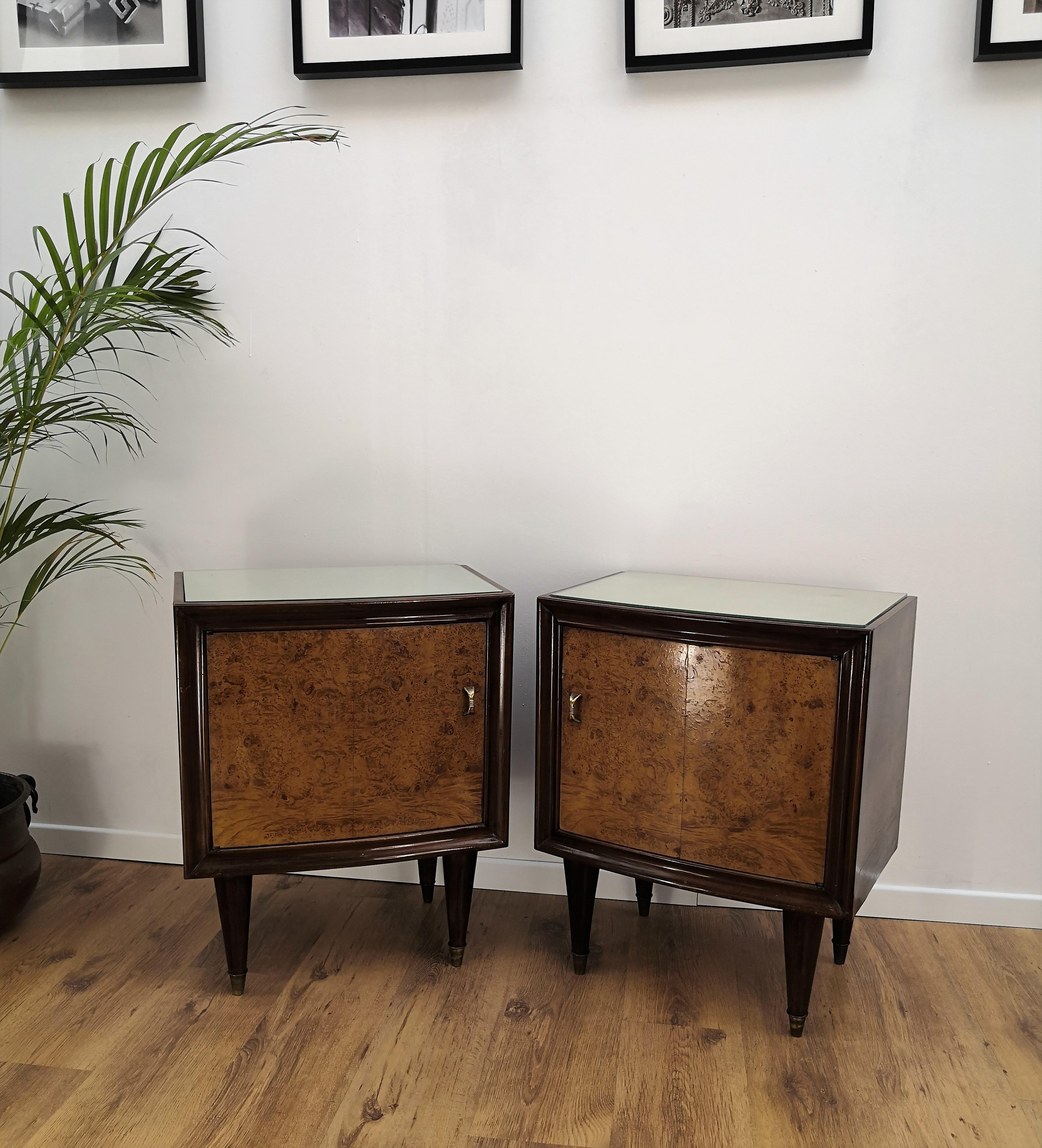 Pair of Midcentury Italian Art Deco Bedside Tables, Briar Wood and Mirror Top 5