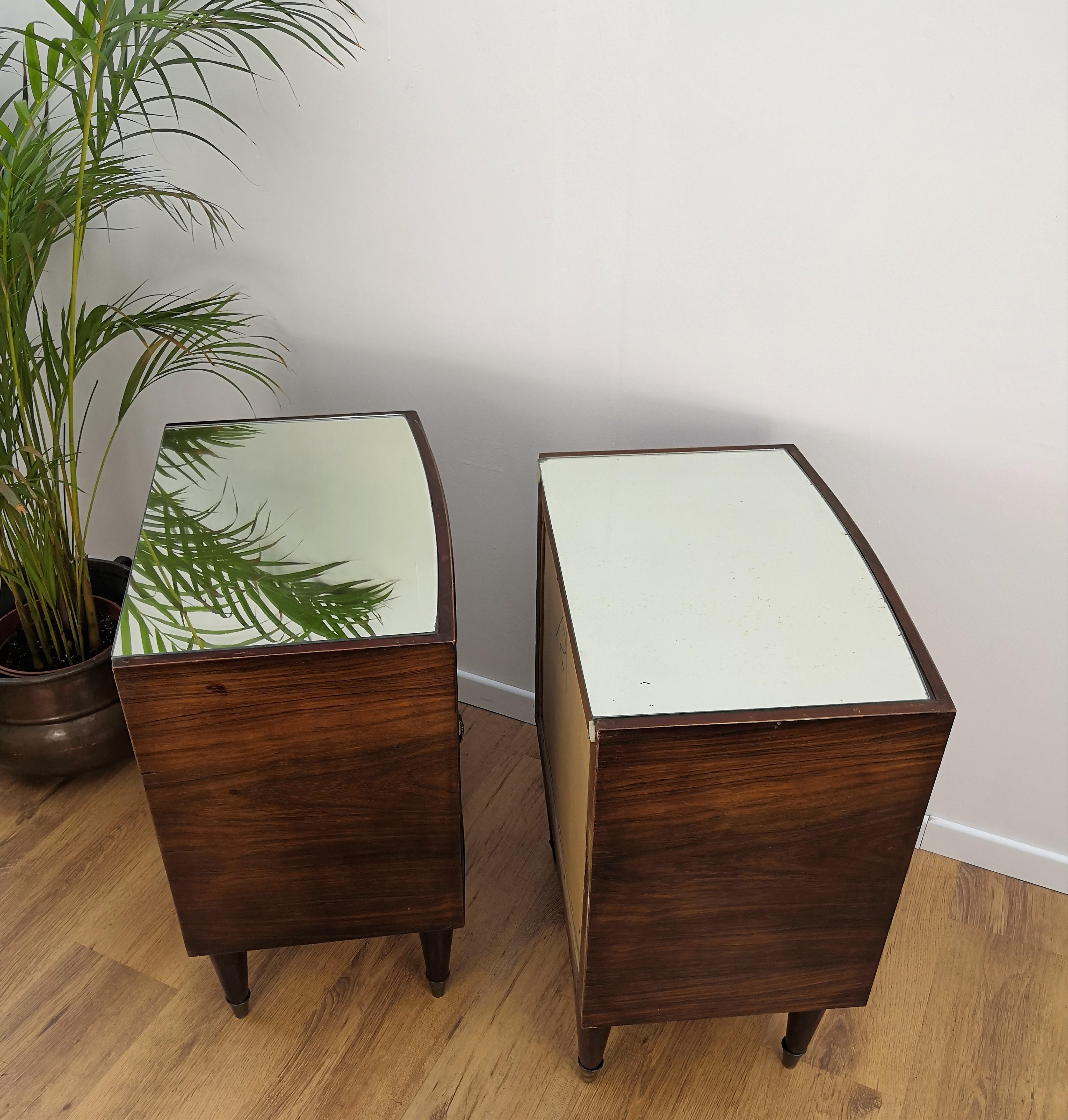 20th Century Pair of Midcentury Italian Art Deco Bedside Tables, Briar Wood and Mirror Top