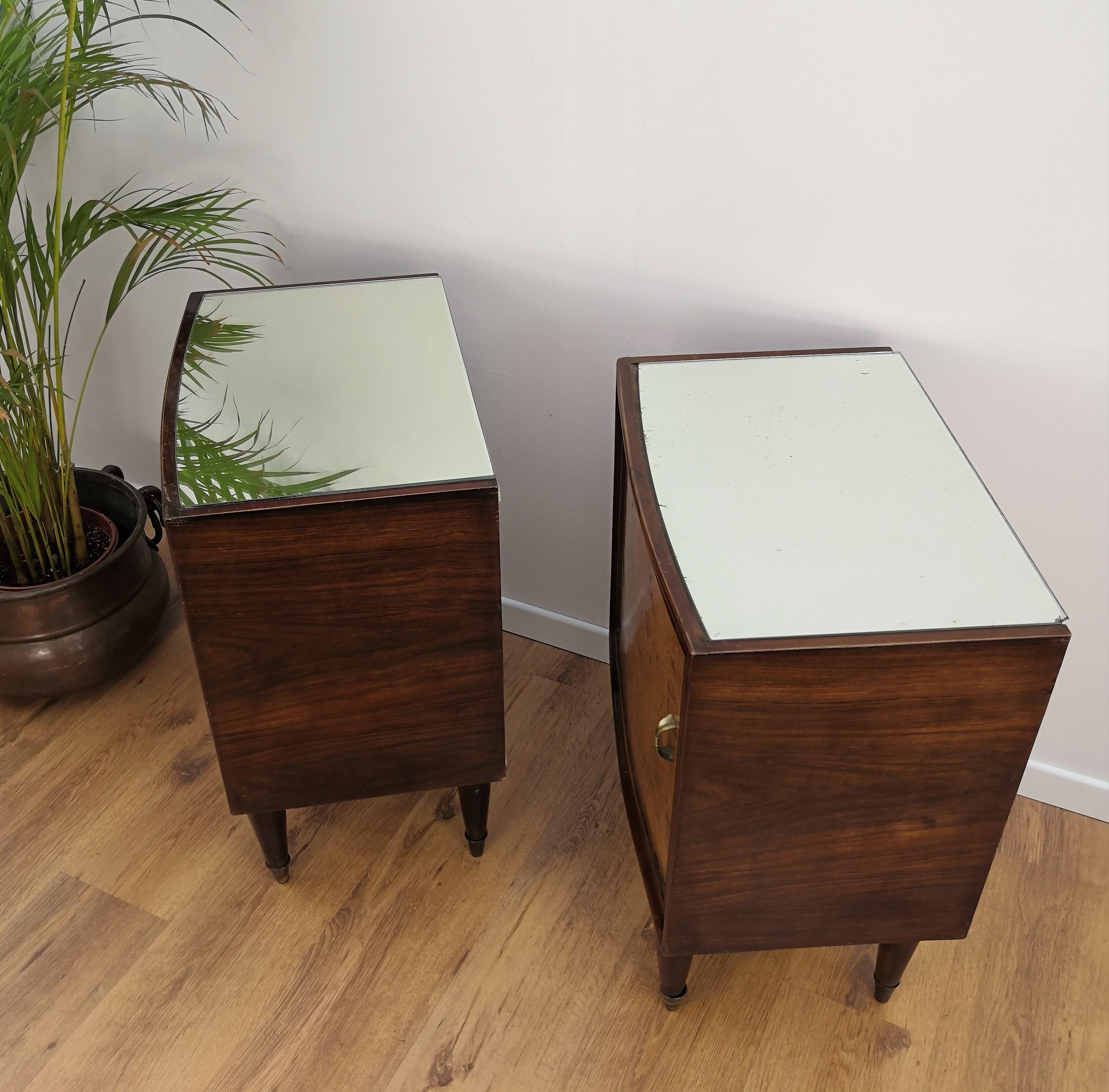 Brass Pair of Midcentury Italian Art Deco Bedside Tables, Briar Wood and Mirror Top
