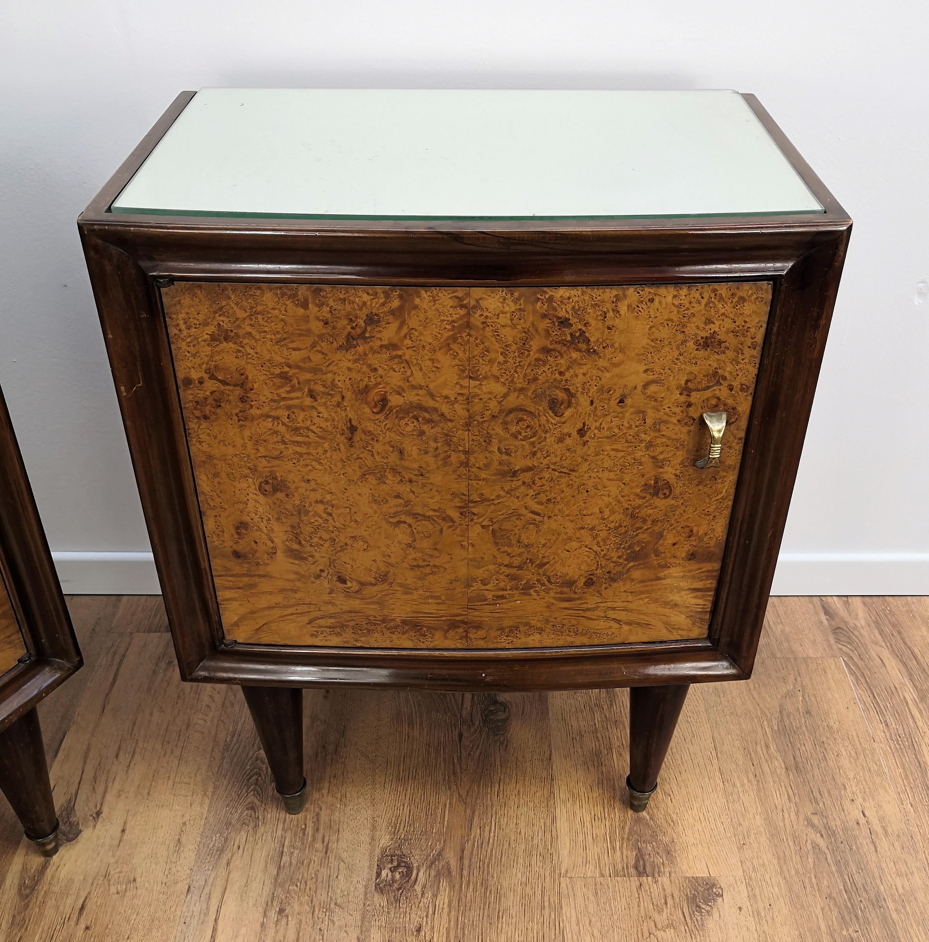 Pair of Midcentury Italian Art Deco Bedside Tables, Briar Wood and Mirror Top 2