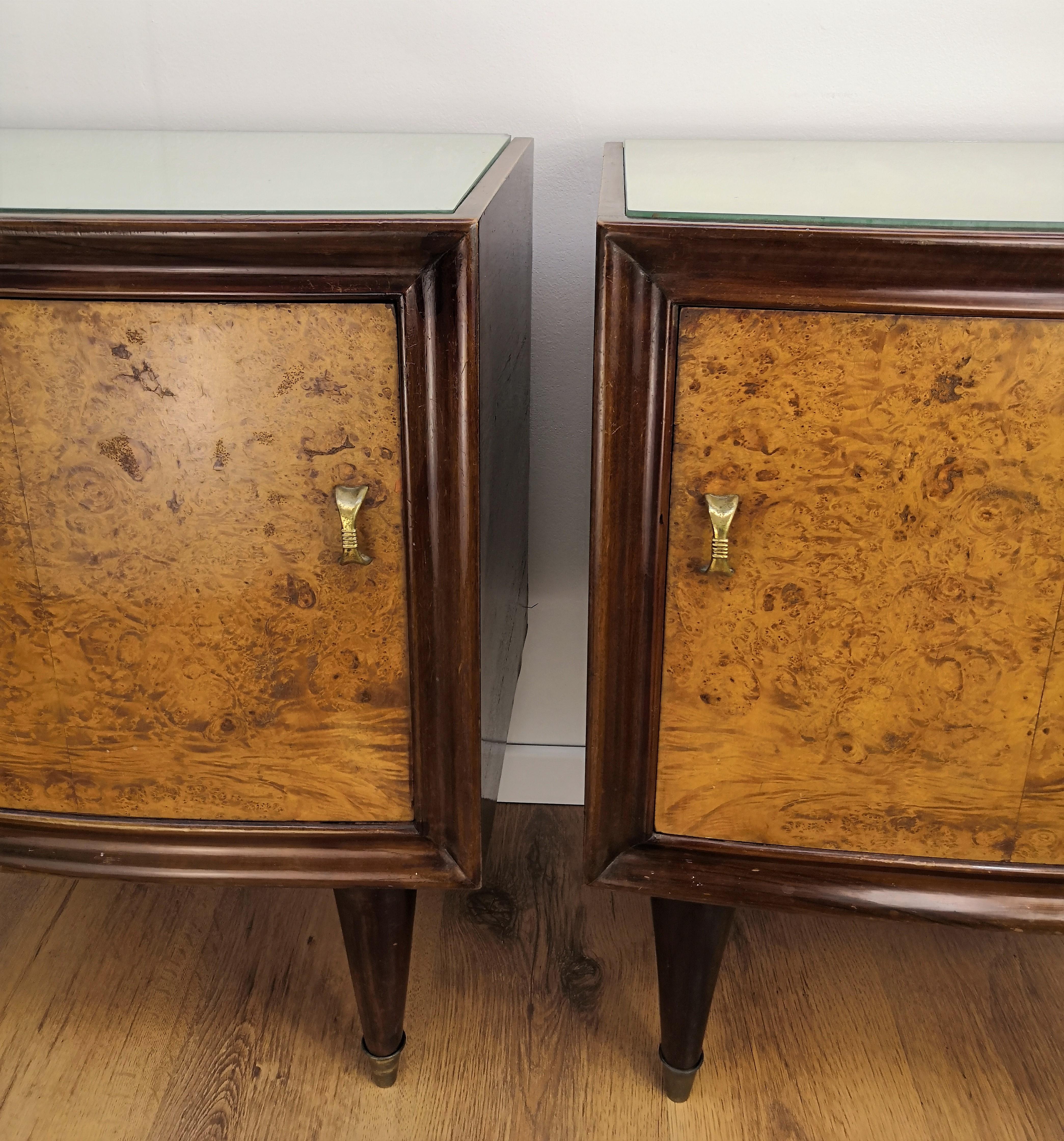 Pair of Midcentury Italian Art Deco Bedside Tables, Briar Wood and Mirror Top 3
