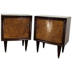 Pair of Midcentury Italian Art Deco Bedside Tables, Briar Wood and Mirror Top