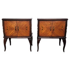 Pair of MidCentury Italian Art Deco Night Stands Bedside Tables Walnut Glass Top