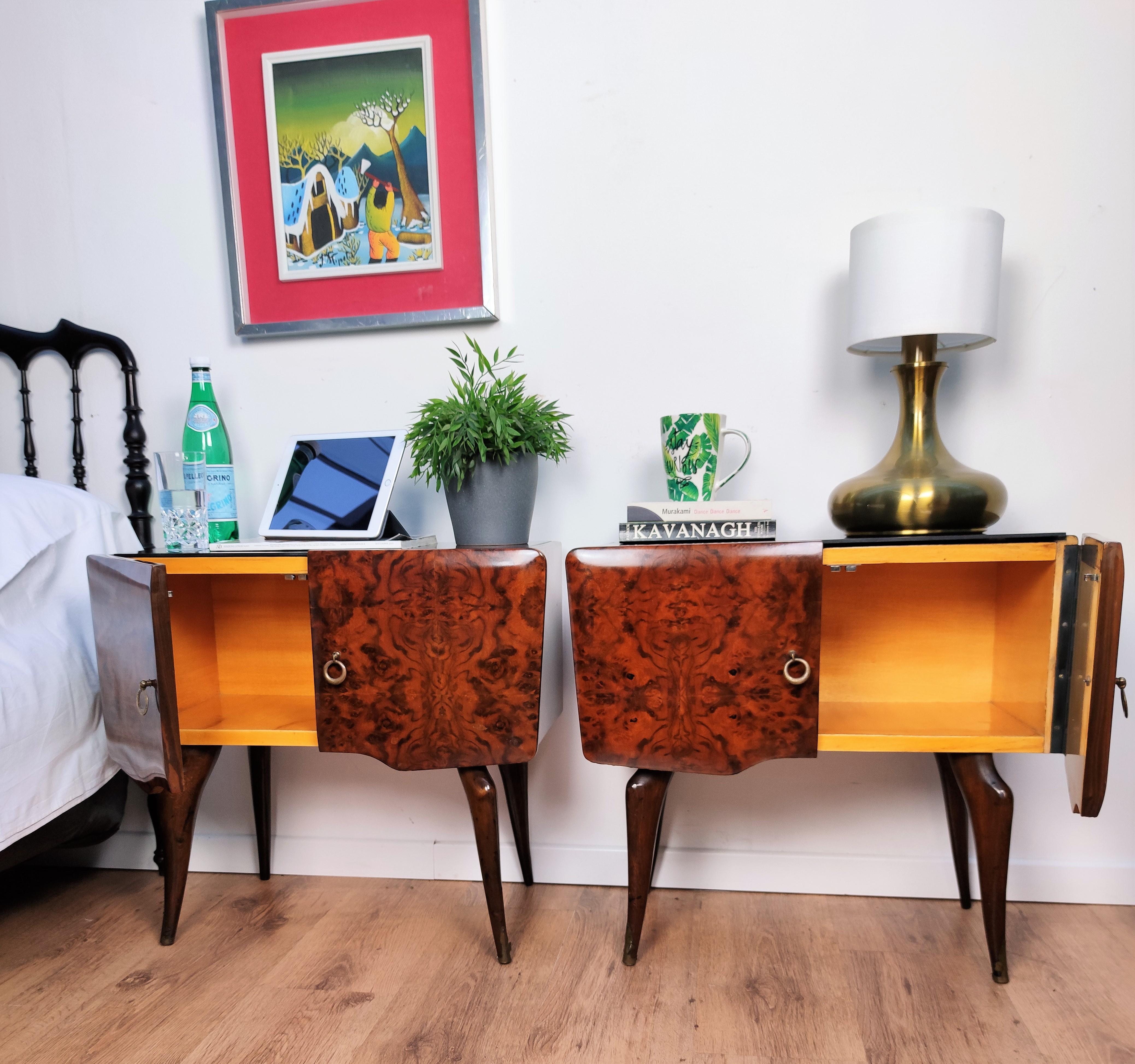 20th Century Pair of Midcentury Italian Art Deco Nightstands Bedside Tables Burl Brass Glass