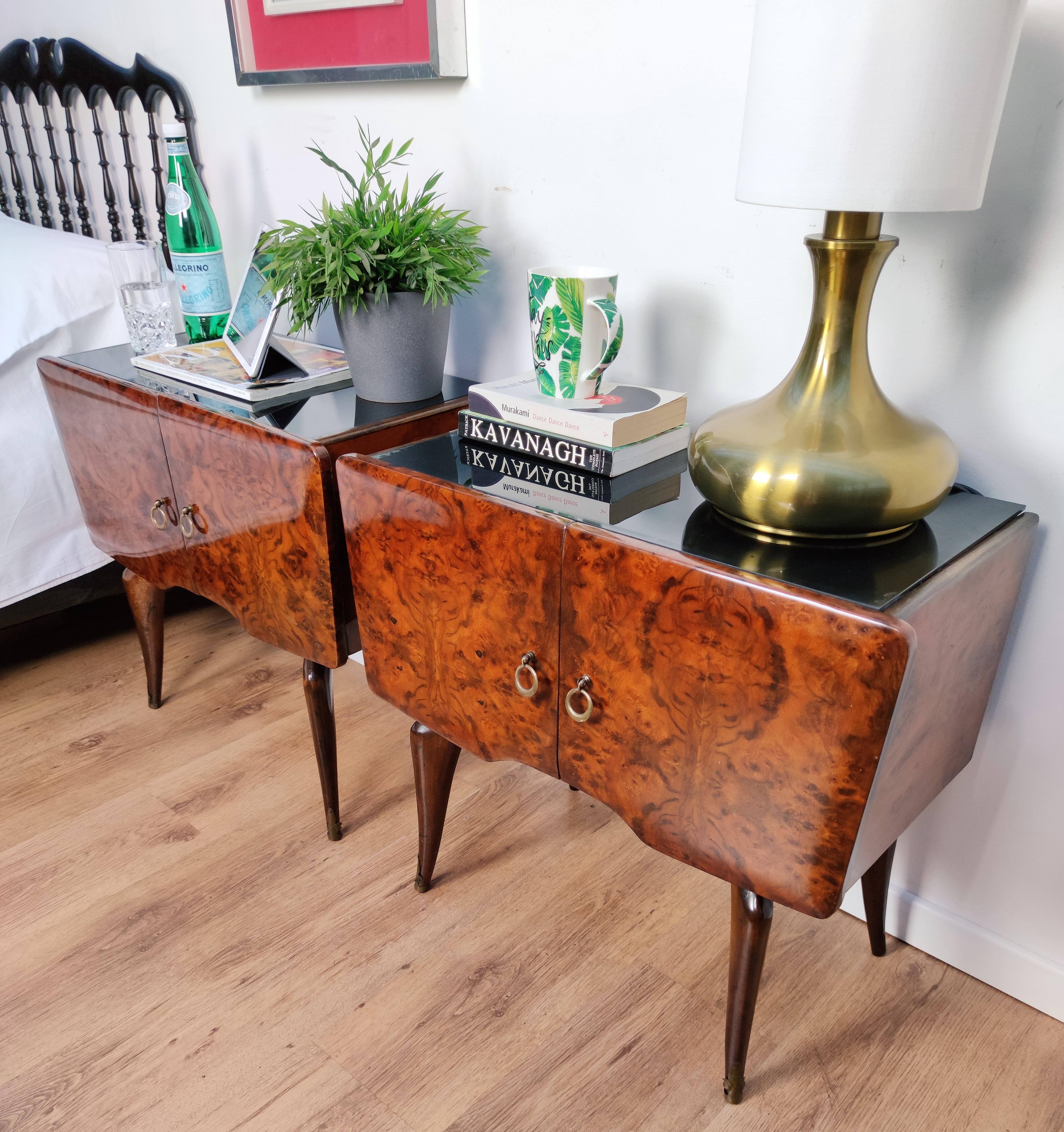 Pair of Midcentury Italian Art Deco Nightstands Bedside Tables Burl Brass Glass 3