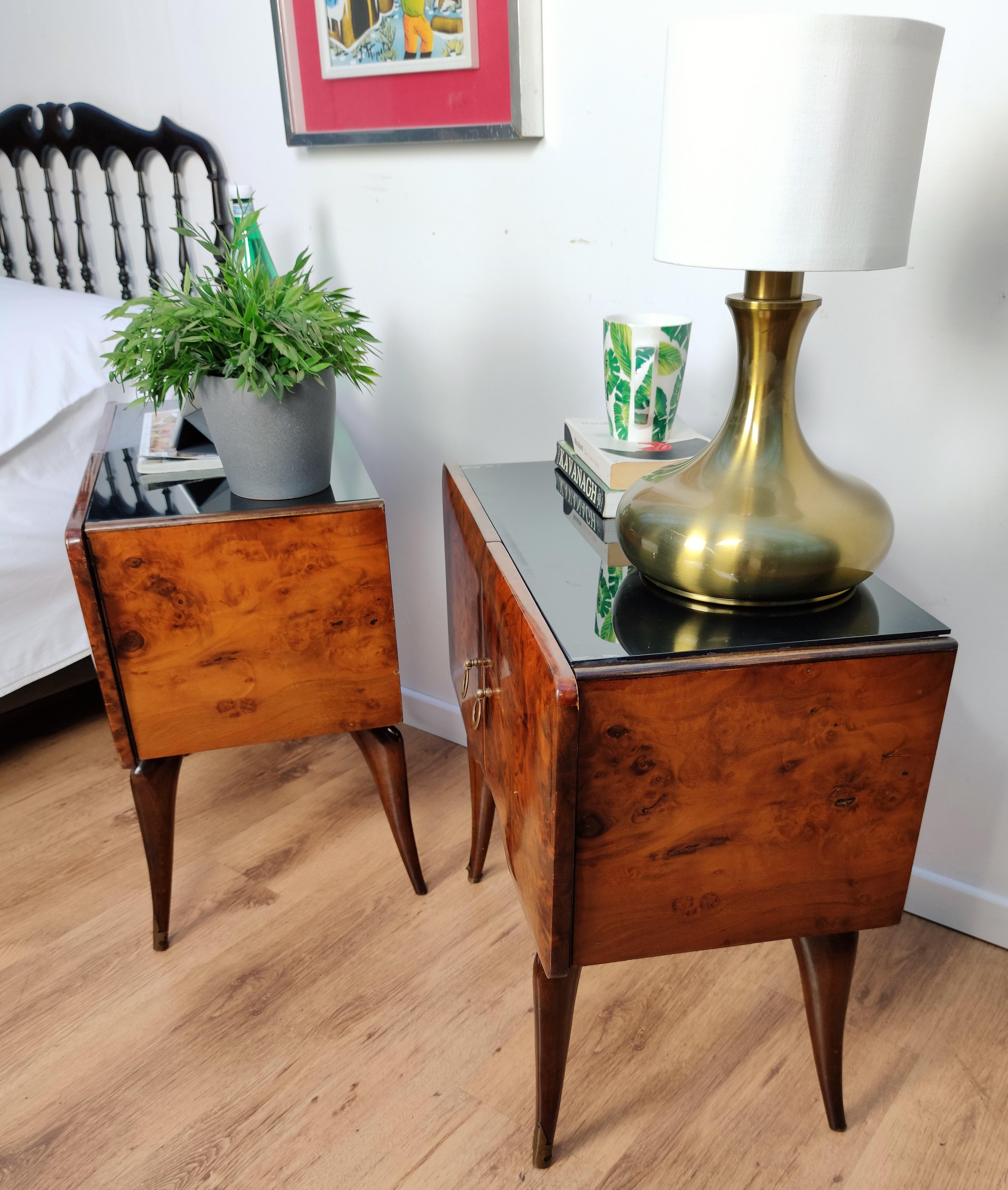 Pair of Midcentury Italian Art Deco Nightstands Bedside Tables Burl Brass Glass 4