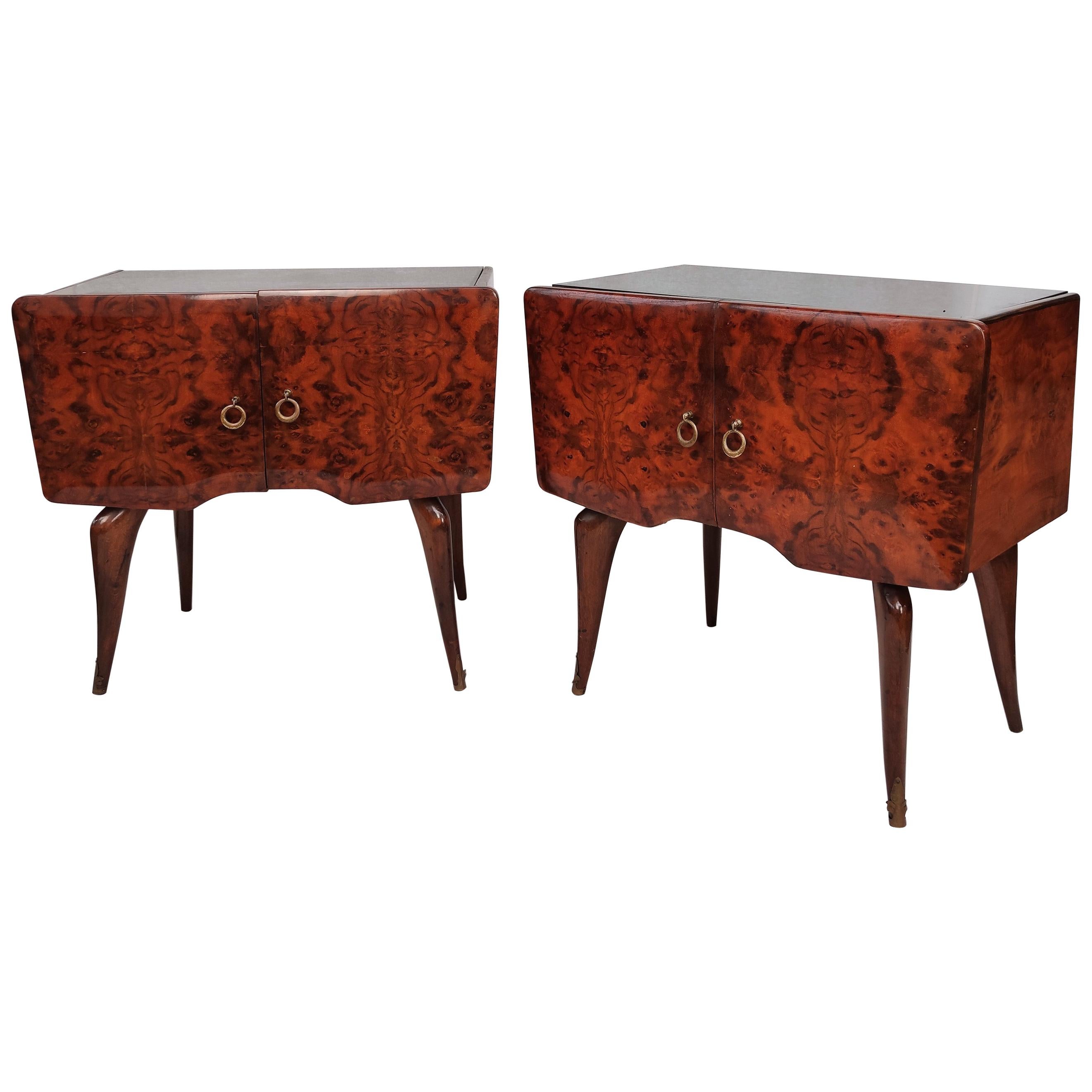 Pair of Midcentury Italian Art Deco Nightstands Bedside Tables Burl Brass Glass