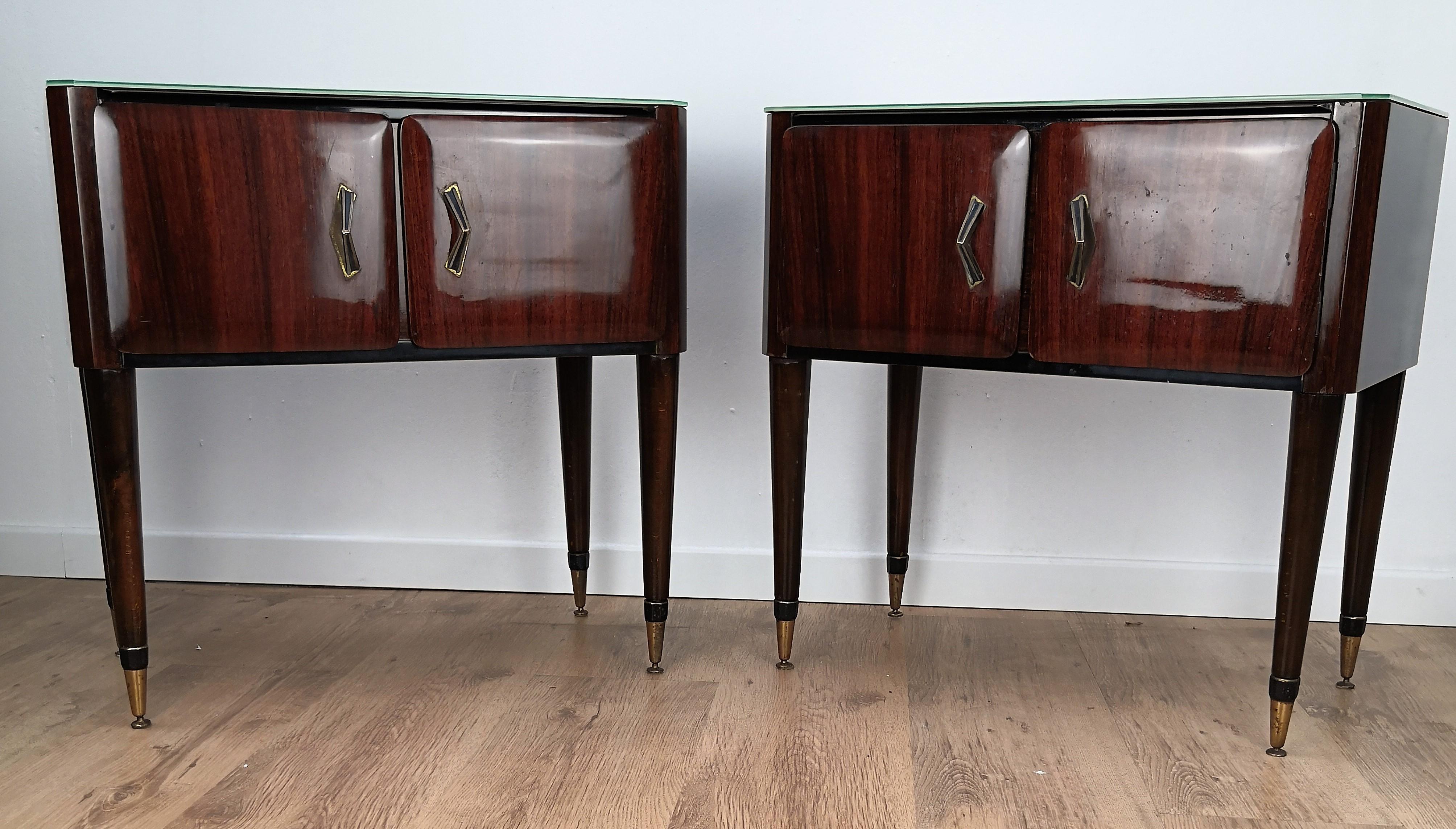 Pair of Midcentury Italian Art Deco Nightstands Bedside Tables Marble Glass Top In Good Condition In Carimate, Como