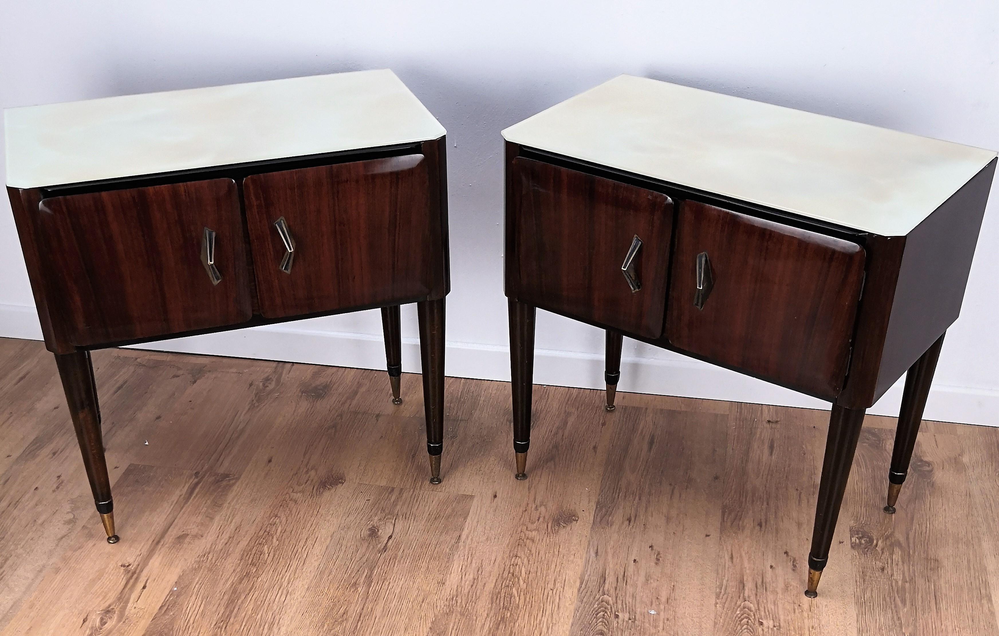 20th Century Pair of Midcentury Italian Art Deco Nightstands Bedside Tables Marble Glass Top