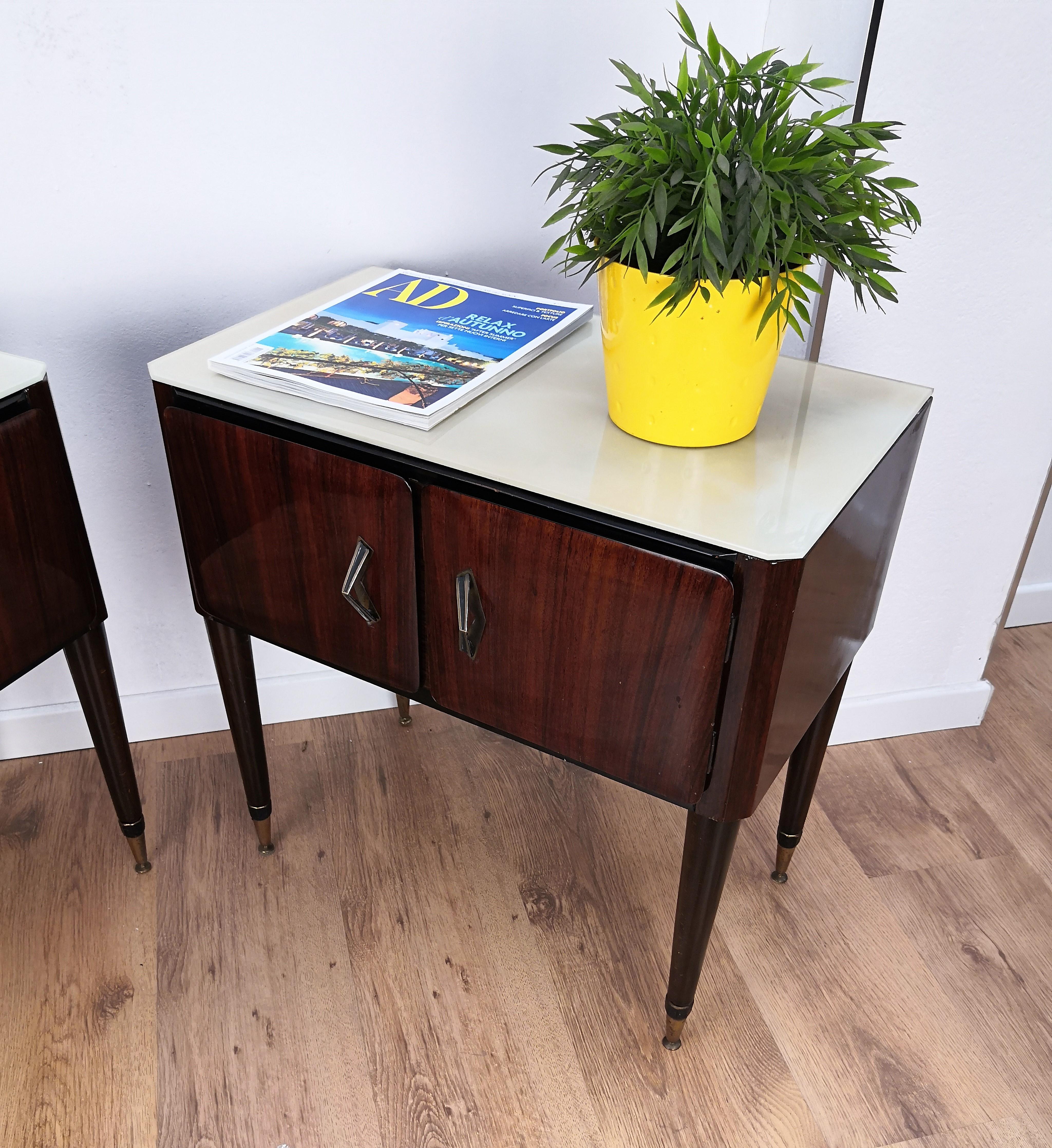 Pair of Midcentury Italian Art Deco Nightstands Bedside Tables Marble Glass Top 1