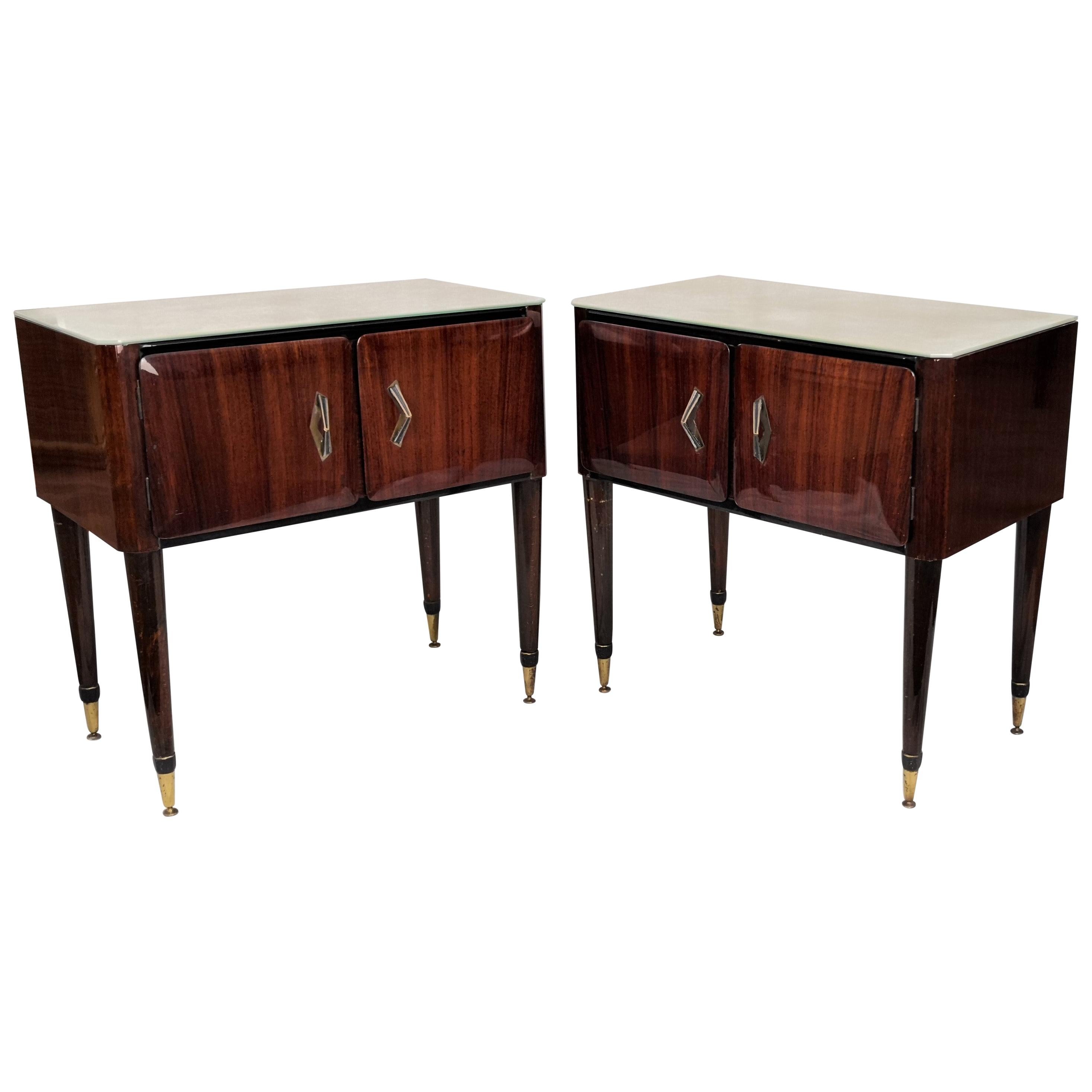 Pair of Midcentury Italian Art Deco Nightstands Bedside Tables Marble Glass Top