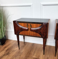 Pair of Midcentury Italian Art Deco Nightstands Bedside Tables Walnut Glass Top
