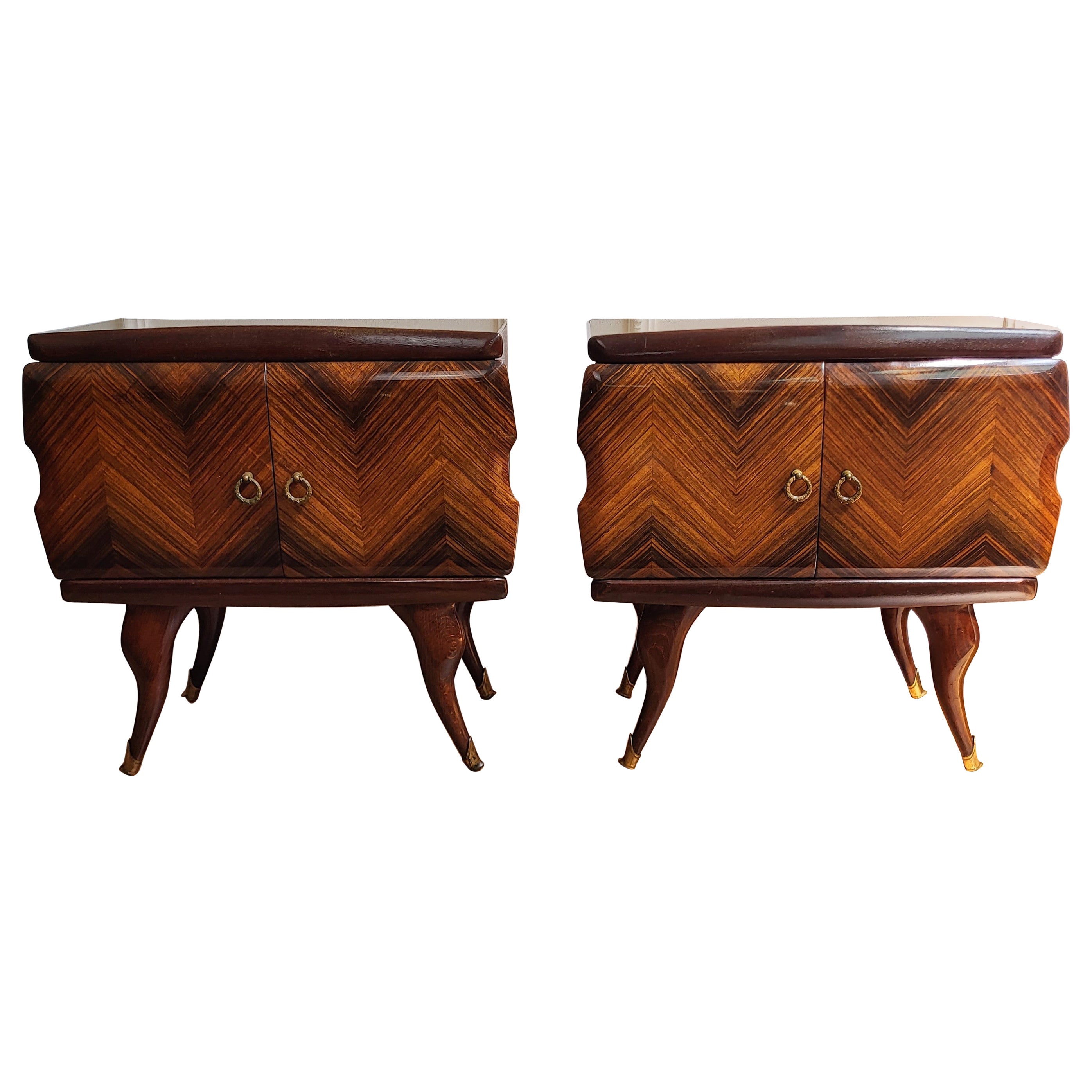 Pair of Midcentury Italian Art Deco Nightstands Bedside Tables Walnut Glass Top