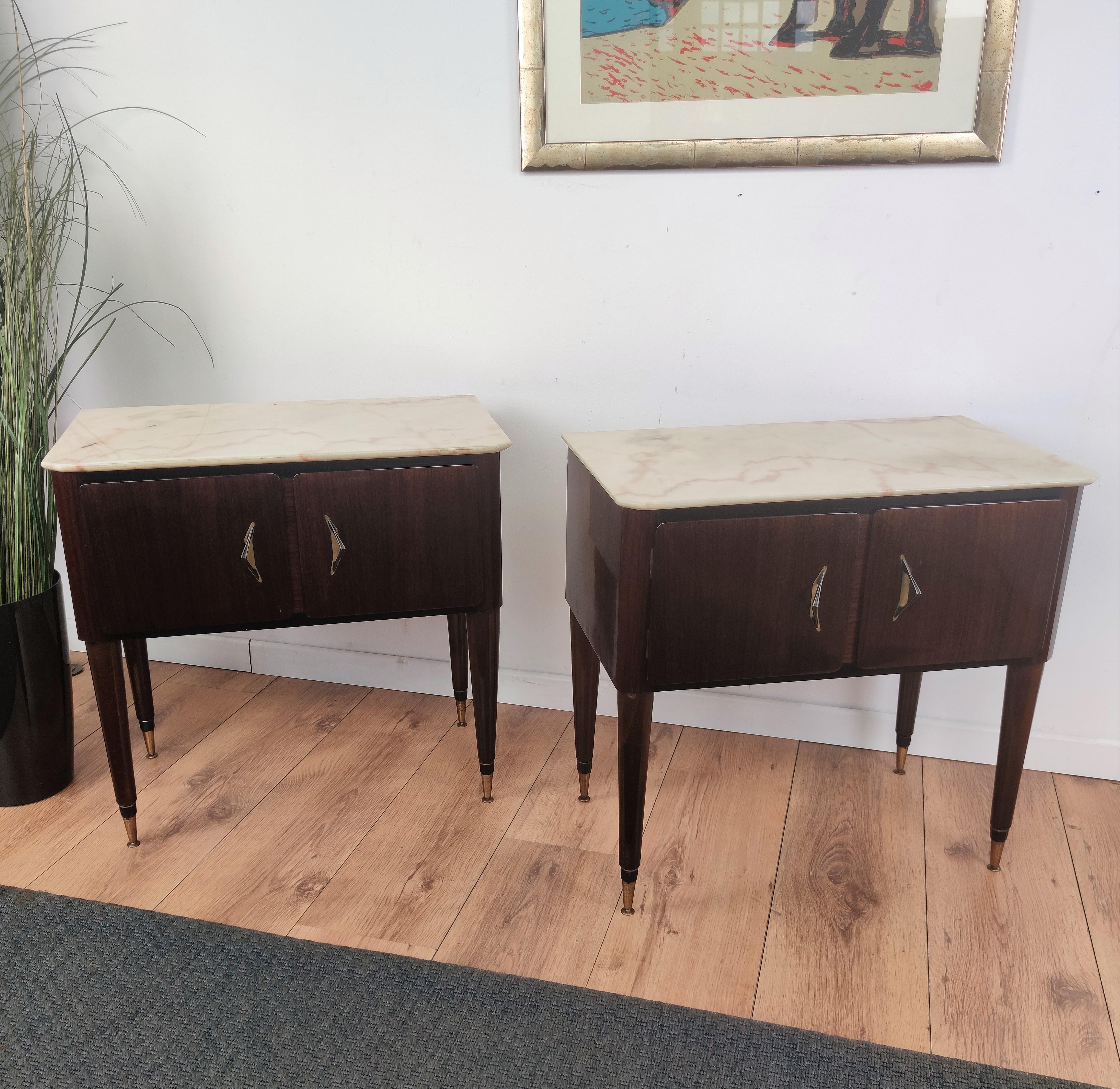 20th Century Pair of Mid-Century Italian Art Deco Nightstands Bedside Tables White Marble Top