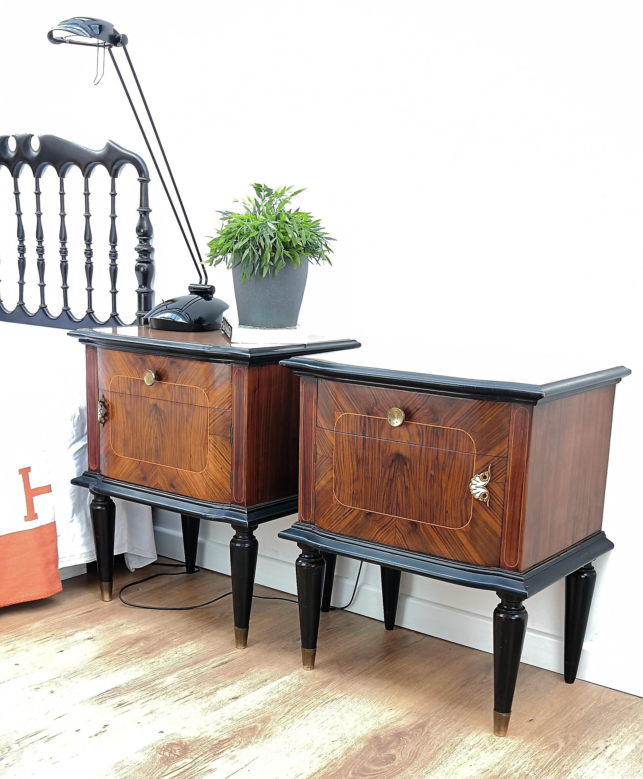 20th Century Pair of Midcentury Italian Art Deco Nightstands Bedside Tables Wood Brass Glass