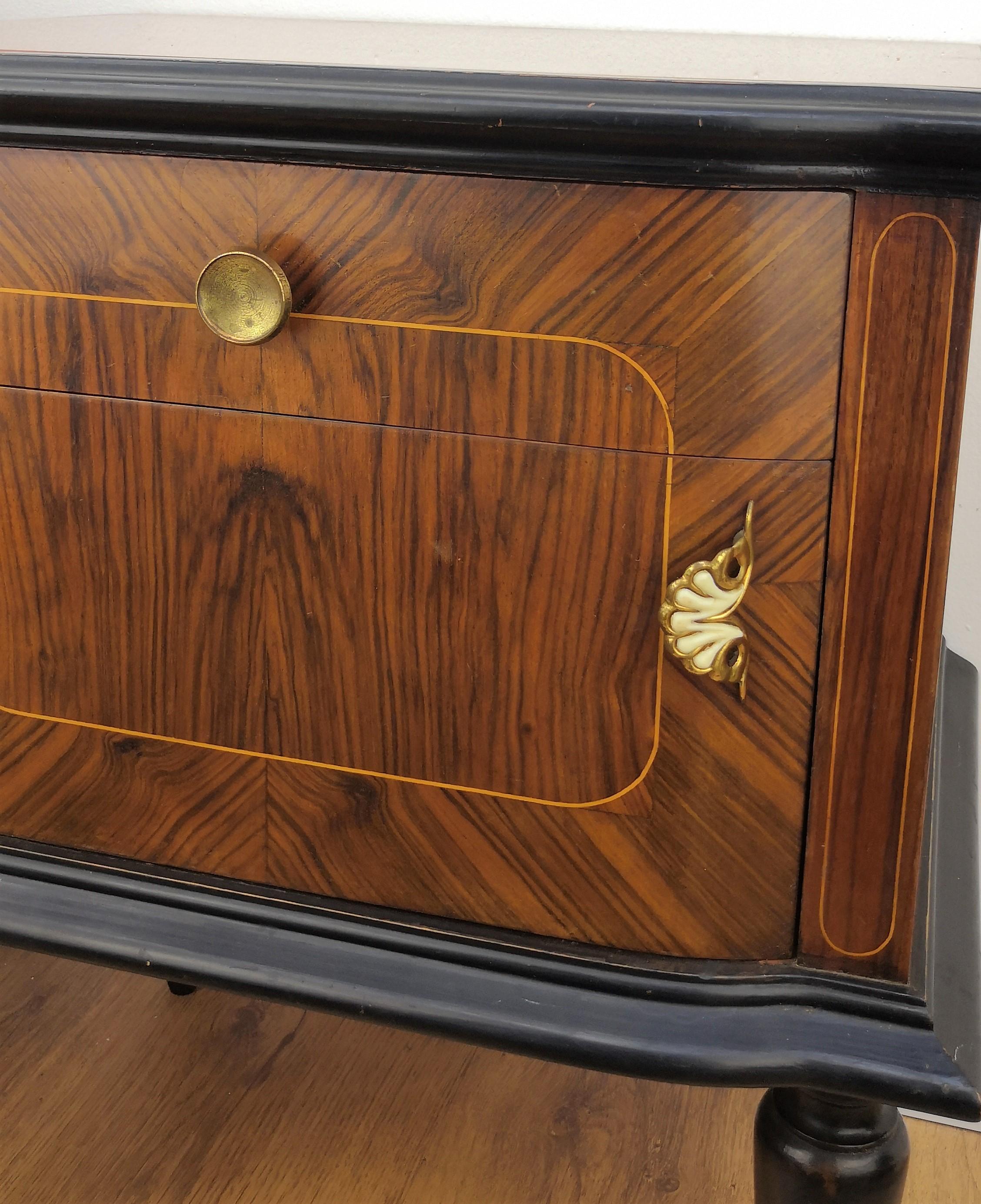 Pair of Midcentury Italian Art Deco Nightstands Bedside Tables Wood Brass Glass 1