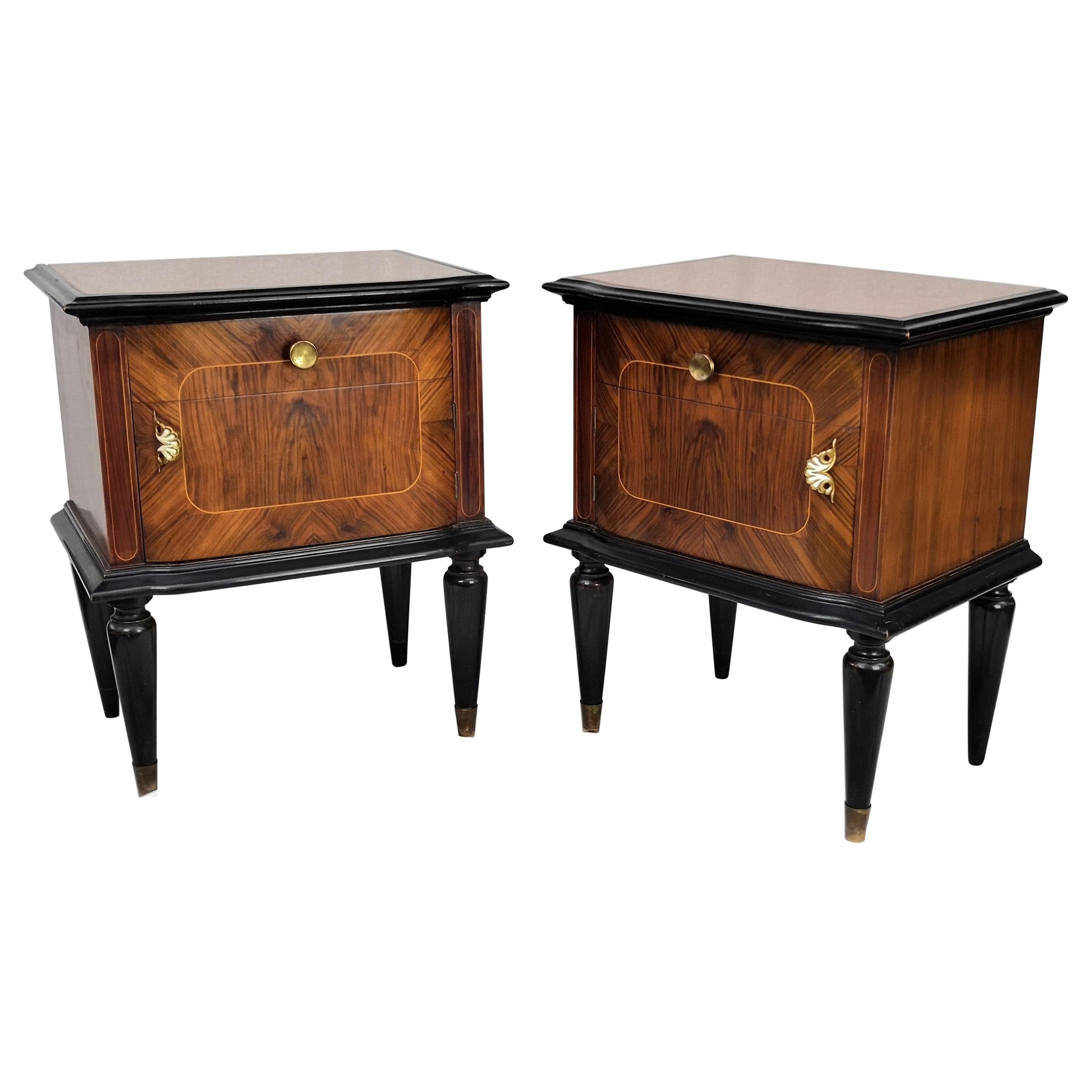 Pair of Midcentury Italian Art Deco Nightstands Bedside Tables Wood Brass Glass