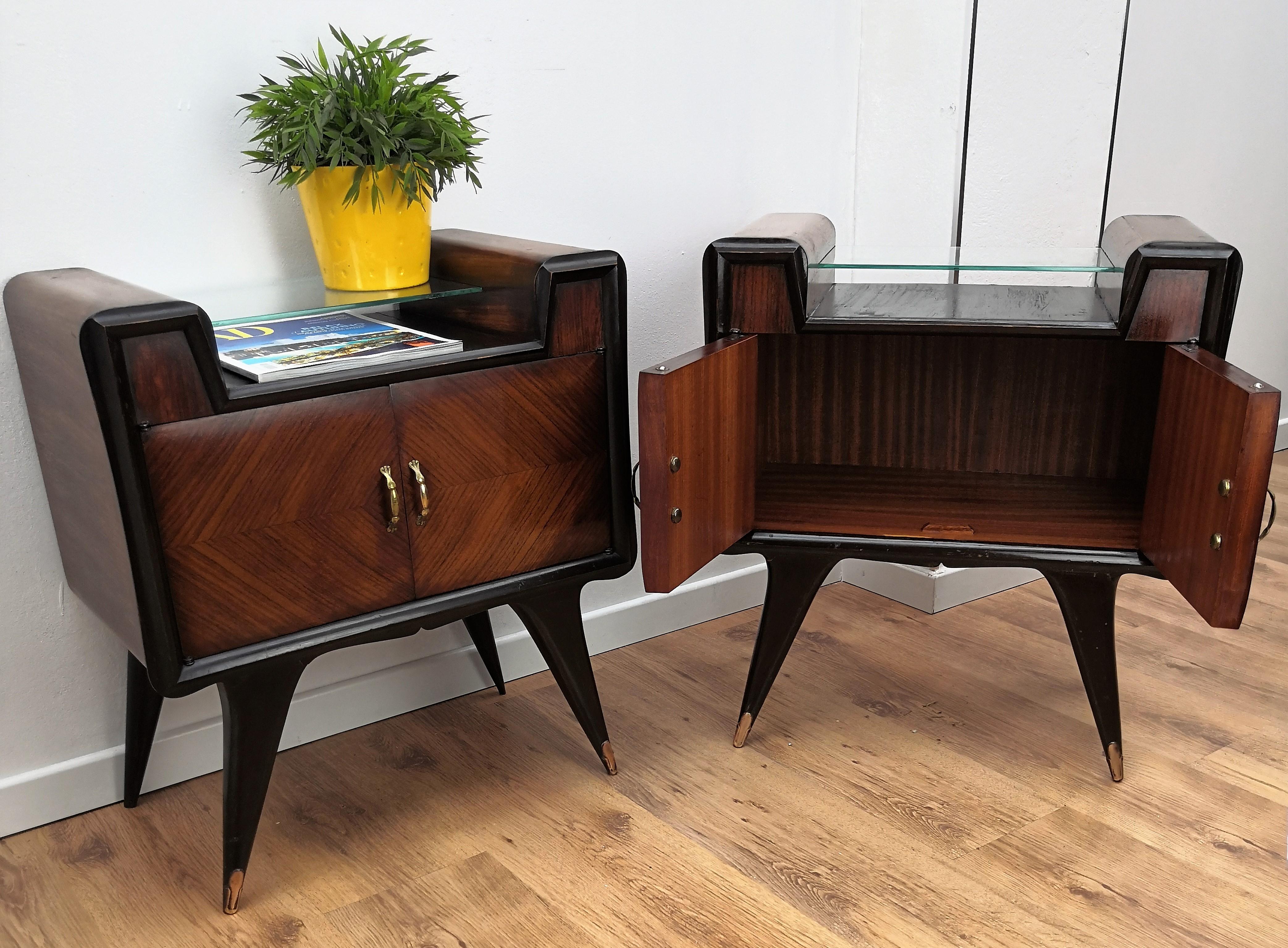 Pair of Midcentury Italian Art Deco Rosewood & Glass Nightstands Bedside Tables 2