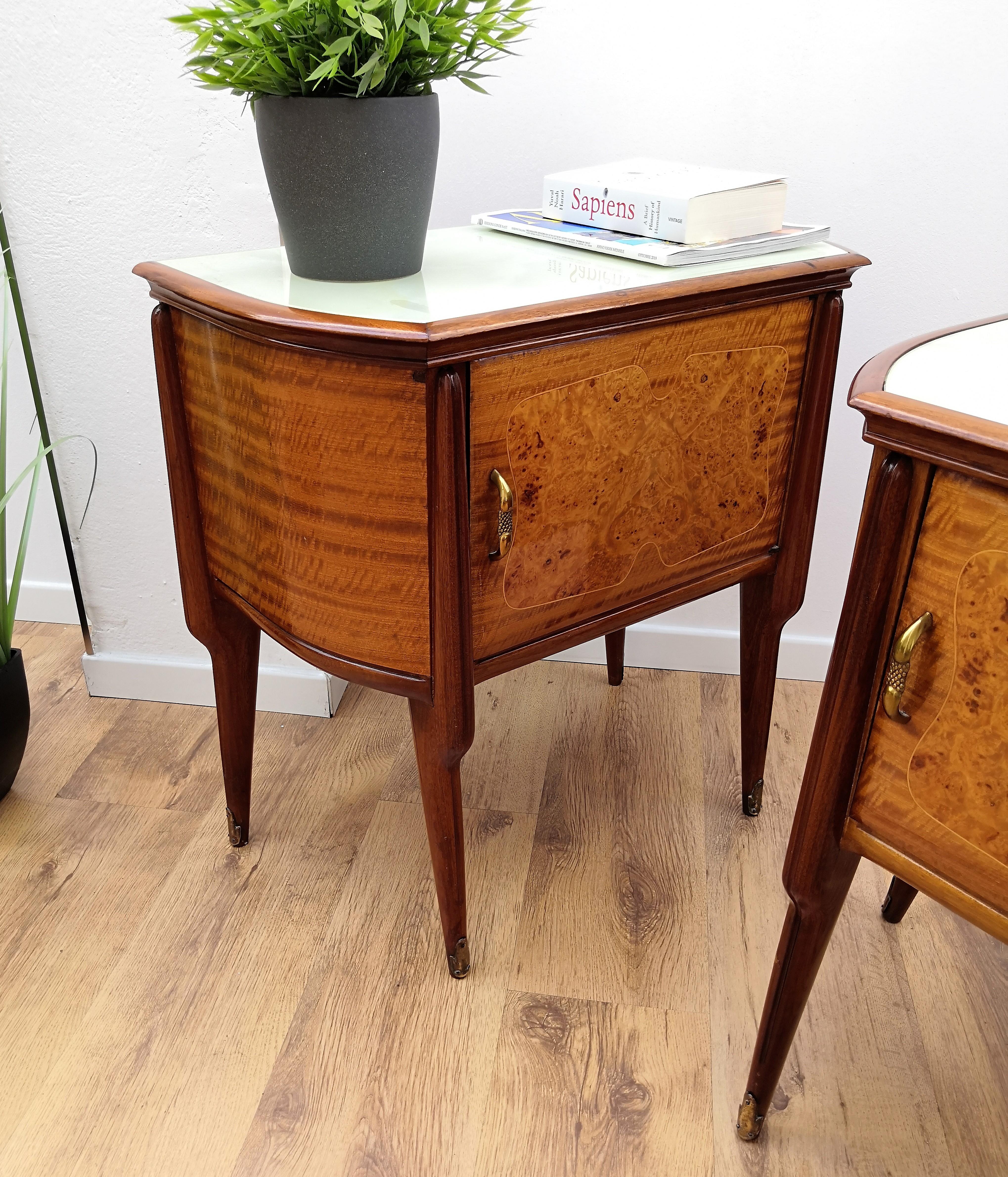 Pair of Midcentury Italian Art Deco Wood & Glass Nightstands Bedside Tables 2