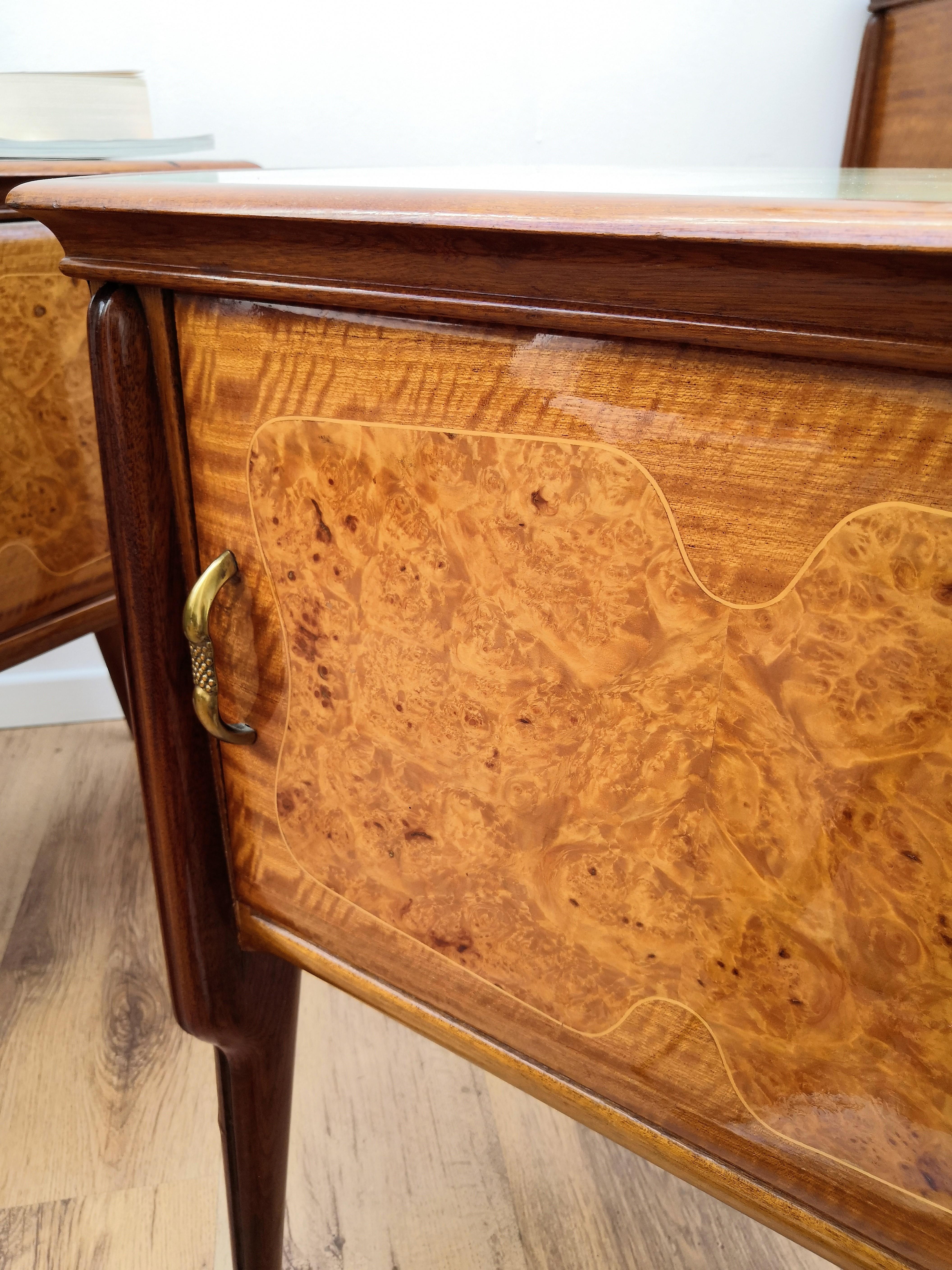 Pair of Midcentury Italian Art Deco Wood & Glass Nightstands Bedside Tables 3