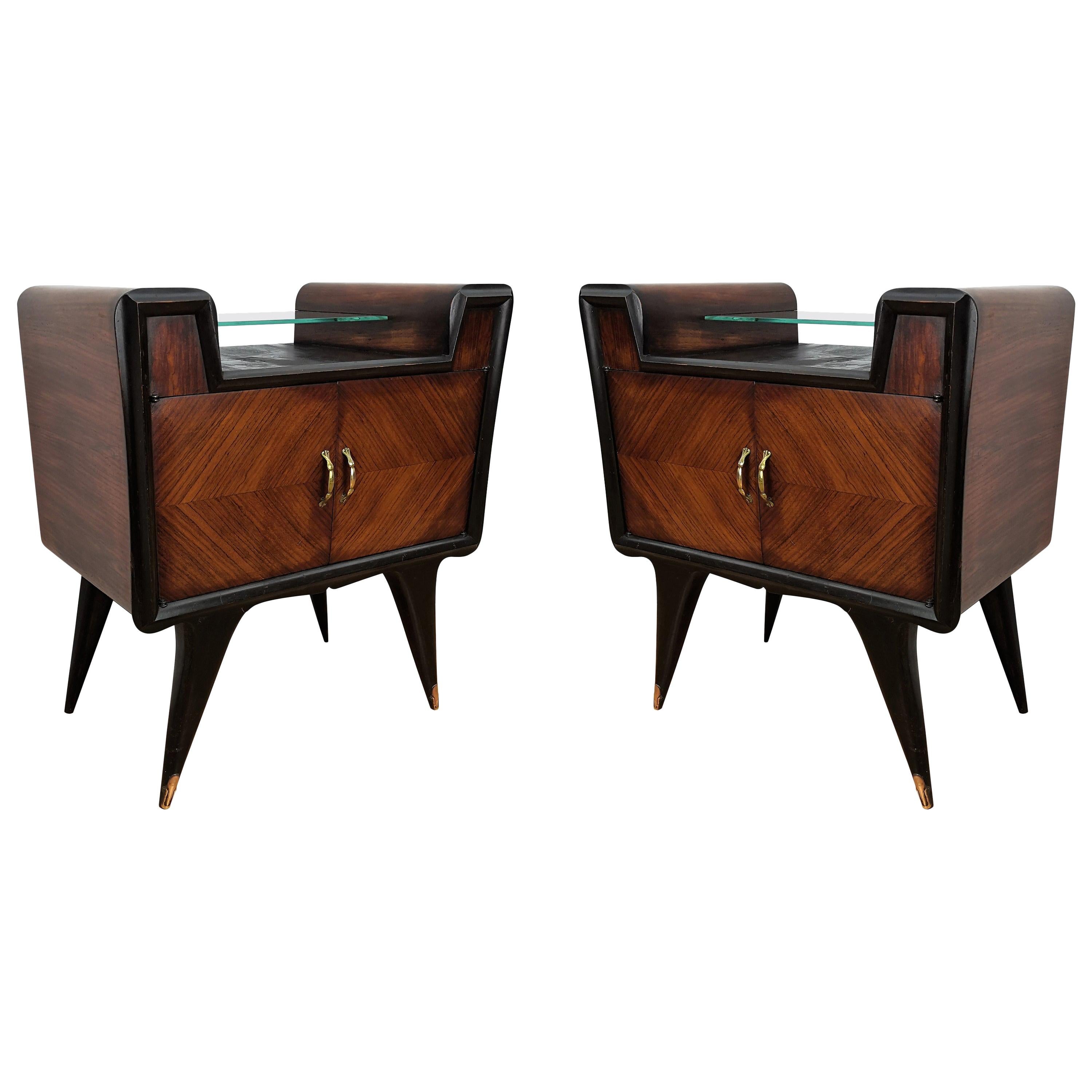 Pair of Midcentury Italian Art Deco Rosewood & Glass Nightstands Bedside Tables